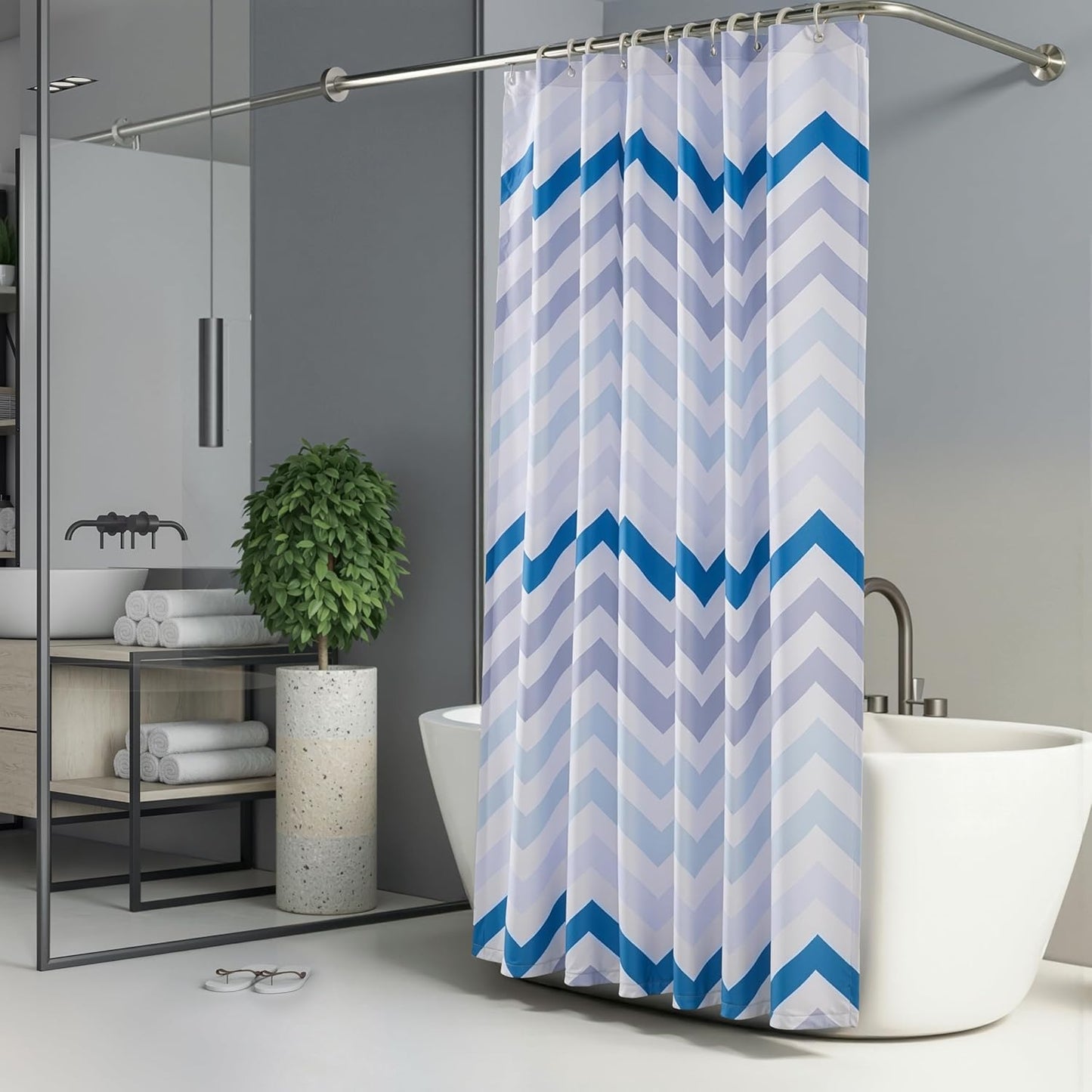 Amazon Basics Bathroom Shower Curtain, Water Resistant Fabric with Weighted Hem, Grommets & Hooks, Machine Washable, 72"x72", Blue Ombre Chevron