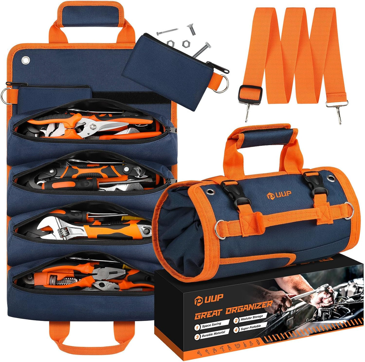 Tool Roll Bag Heavy Duty Tool Bag Gifts for Men Dad Mechanic, Blue Orange