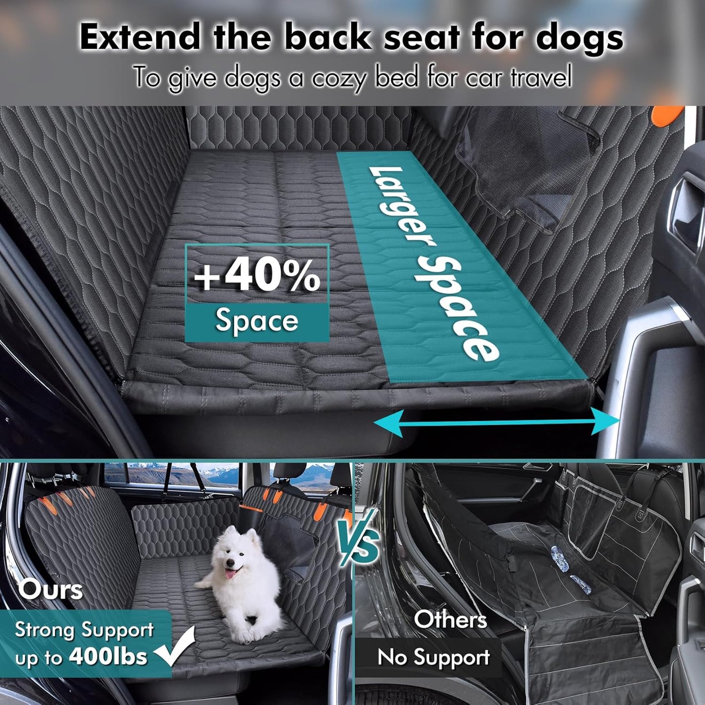 Chumajor Back Seat Extender for Dogs-Supports 400lb,Waterproof Dog Car Seat Cover Hard Bottom-Detachable,600D Heavy Duty Scratch Proof Nonslip Soft,Dog Hammock for Car,SUVs