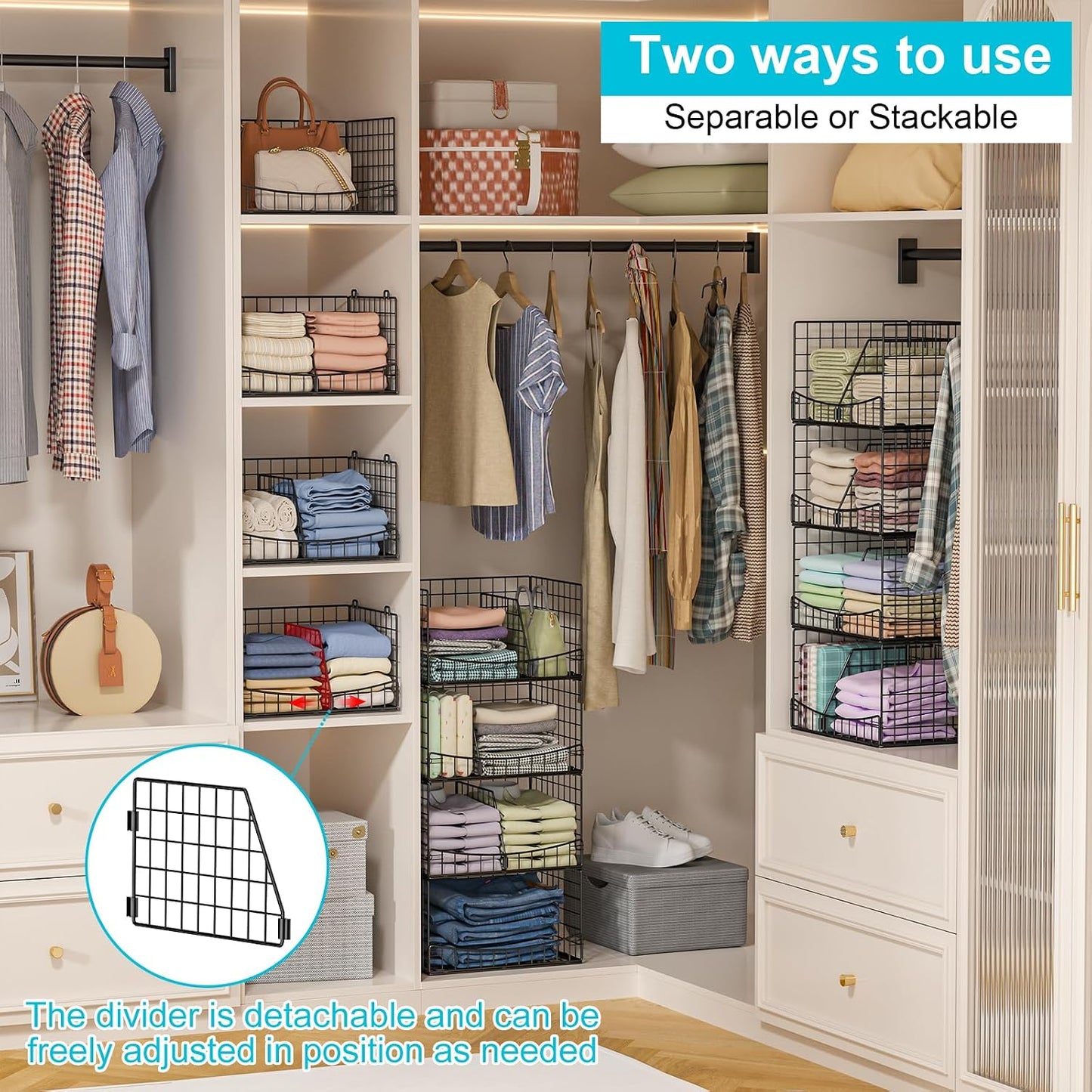 Hongtamoya 4-Tier Closet Organizers and Storage Basket with Divider, Foldable Closet Shelf Organizer System, Space-Saving Clothes Storage Drawer Organizer Bins for Wardrobe Cupboard, Black