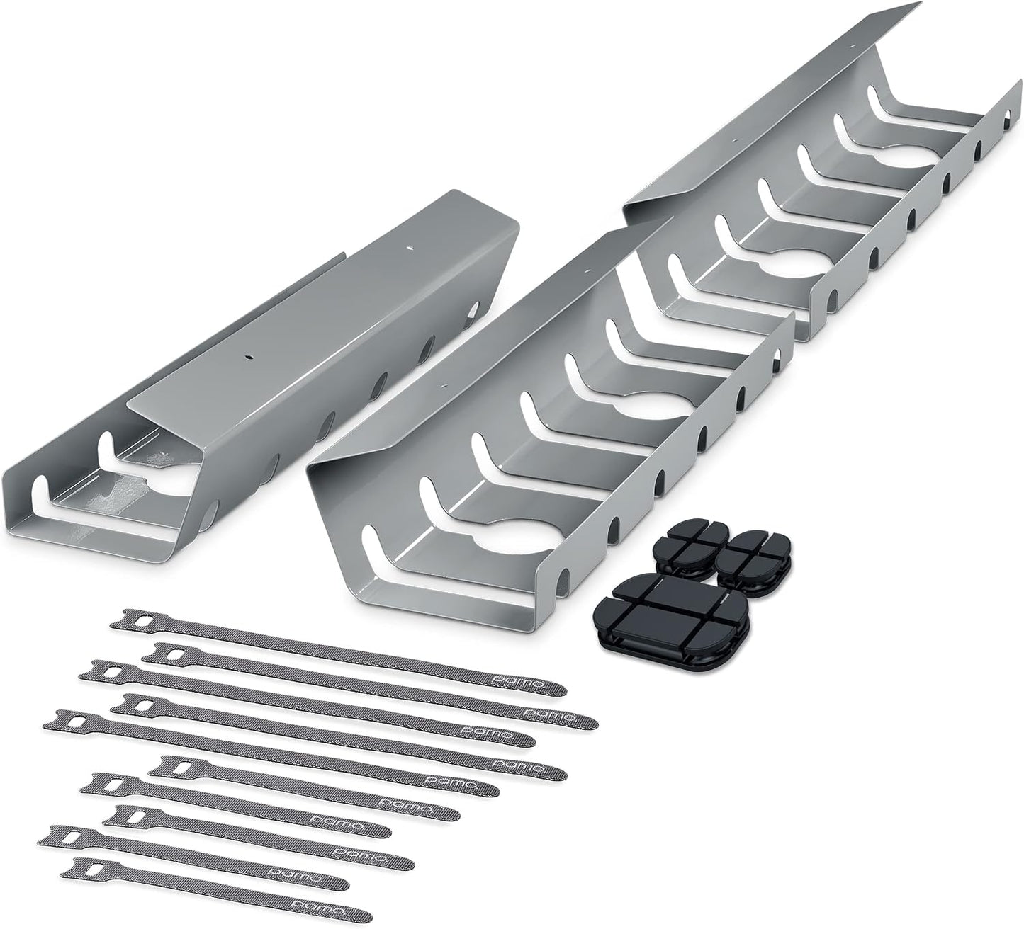 PAMO Cable Management Under Desk, Set of 3 - Grey/Silver | Easy under-table mounting keeps cables organized, includes 10 cable ties for a clean and tidy office or home workspace.