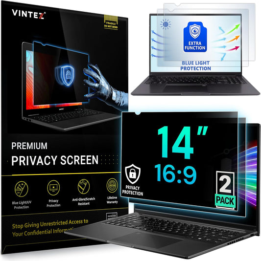 VINTEZ [2 Pack] 14 Inch 16:9 Privacy Screen for Computer Monitor and Laptop - Anti Glare Protector Film Blue Light Filter Eye Protection - Computer Screen Privacy Shield