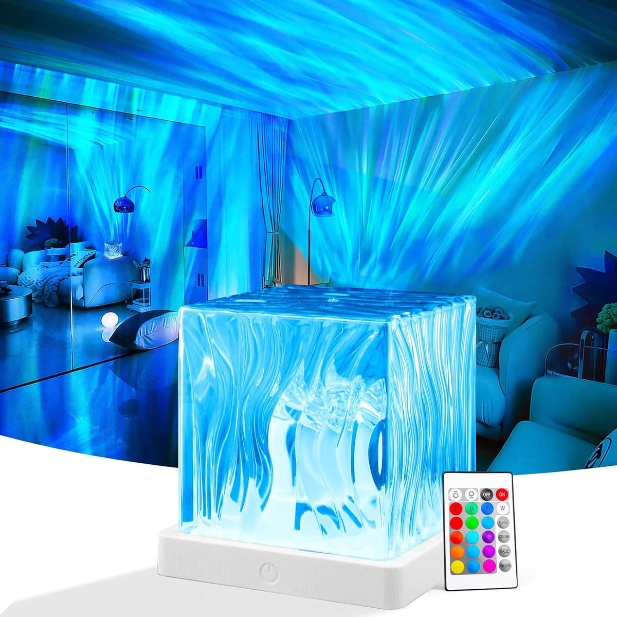 Ocean Wave Projector Light, 16 Colors Luminorthe Cube Lamp, 3D Holographic Water Ripple Lamp with Remote Control, Night Light for Bedroom, Home, Party Mood Lighting (2 Pack)