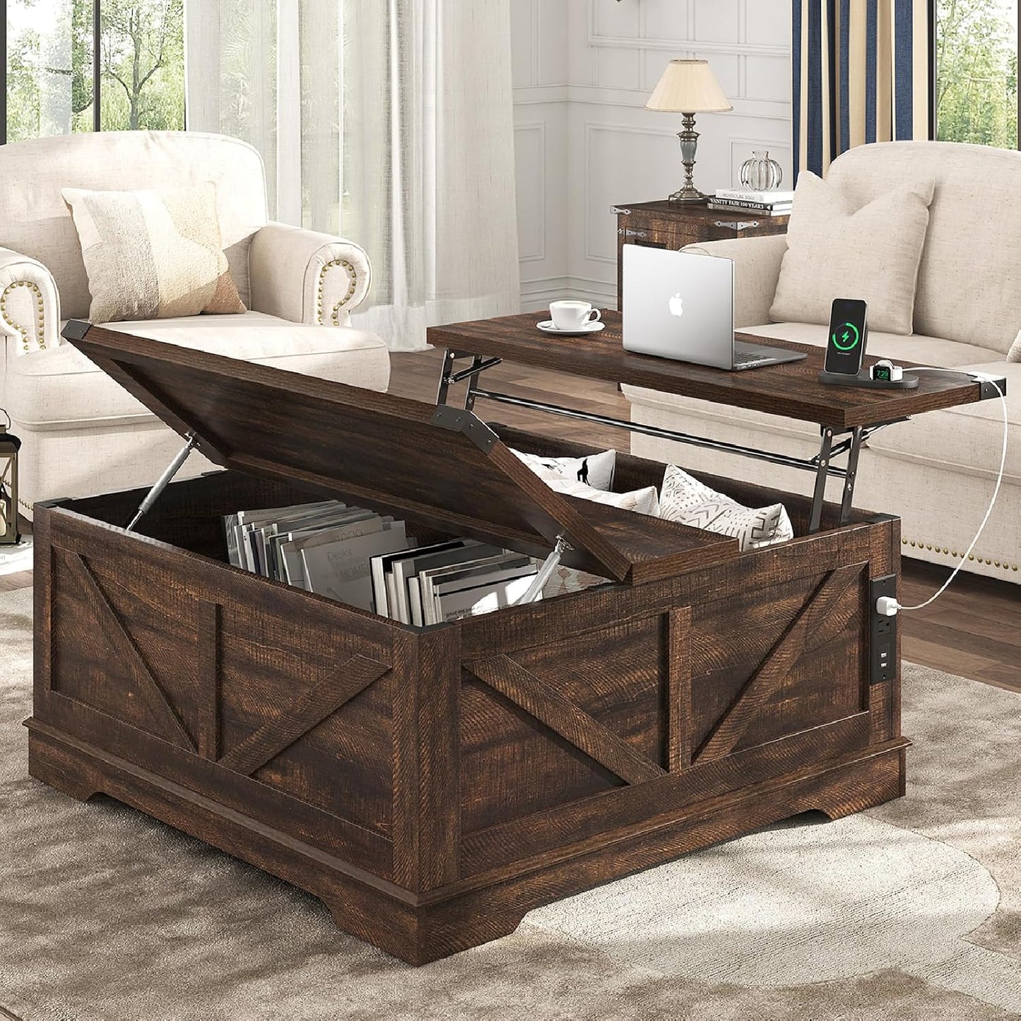Hlivelood 40” Large Farmhouse Lift Top Coffee Table with Power Outlets and Large Hidden Storage, Square Wood Living Room Tables, Multi-Function Lift Wooden Barn Door Center Table, Brown