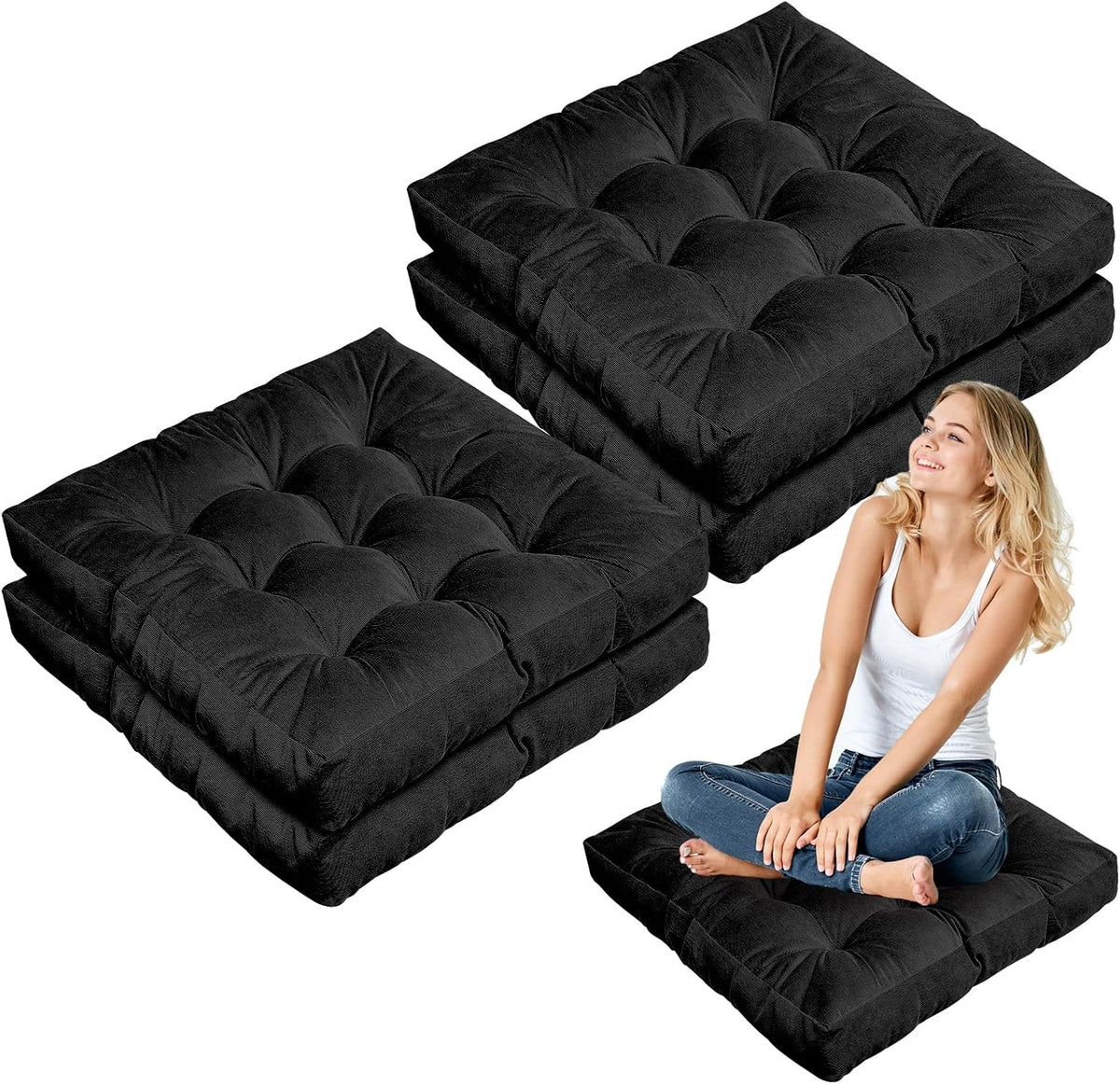 Jerify Black 4 Pcs Large Floor Pillow Cushion,Square 22 x 22