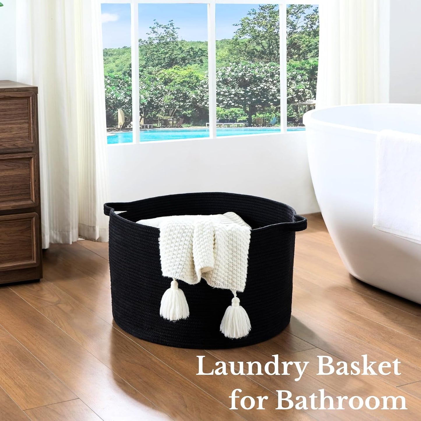 Luxury Little Extra Large Nursery Storage Basket, 22 x 22 x 14 inches - 100% Cotton Rope Baskets with Handles, Blanket Basket for Toys, Blankets & Pillows - Inner Black