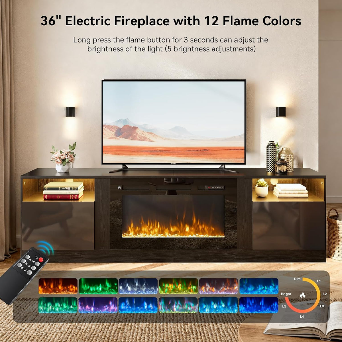 70" TV Stand with 36" Electric Fireplace, Large Modern Media Entertainment Center with Storage Cabinet and 12 Colors LED Lights for TVs Up to 80"