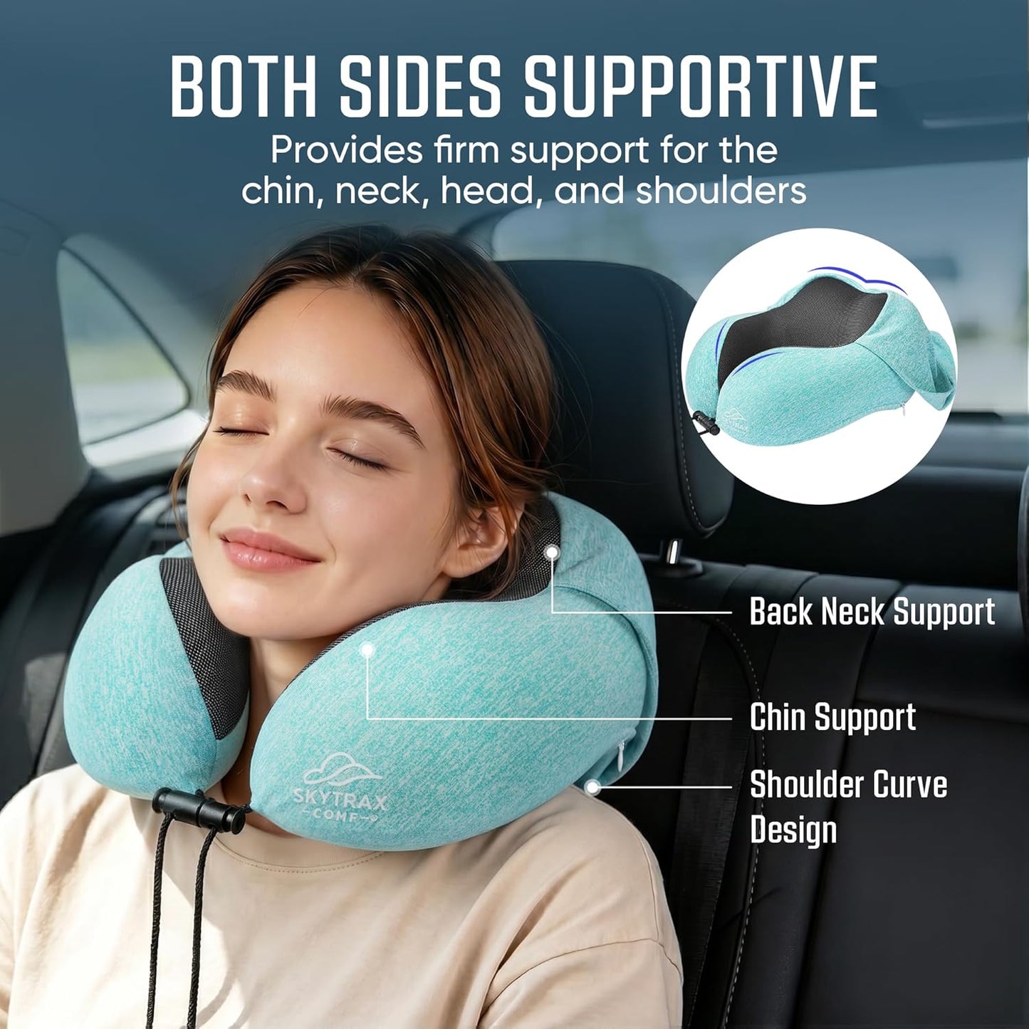 Travel Pillow with Extra Large Hood for Airplane Long Flights Privacy and Comfort Memory Foam with Skin-Friendly Cover for Road Trip Head&Neck Support for Plane Office Cars Sleeping & Rest (Mint Blue)