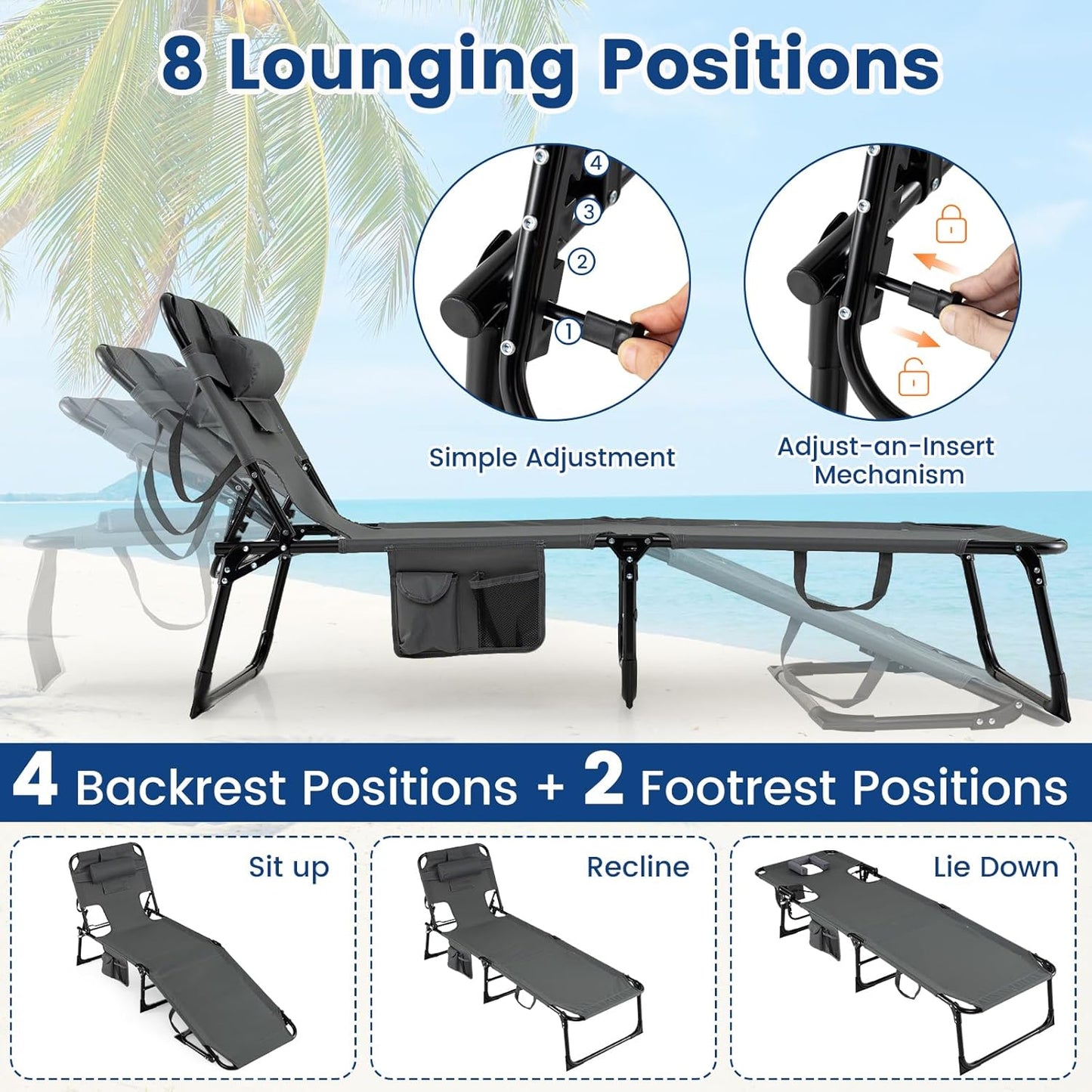 COSTWAY Tanning Chair with Face Hole, Folding Beach Lounge Chair with 4-Position Adjustable Backrest, Pillow & Side Pocket, Foldable Chaise Lounge Chair Outdoor for Sunbathing, Camping (1, Grey)