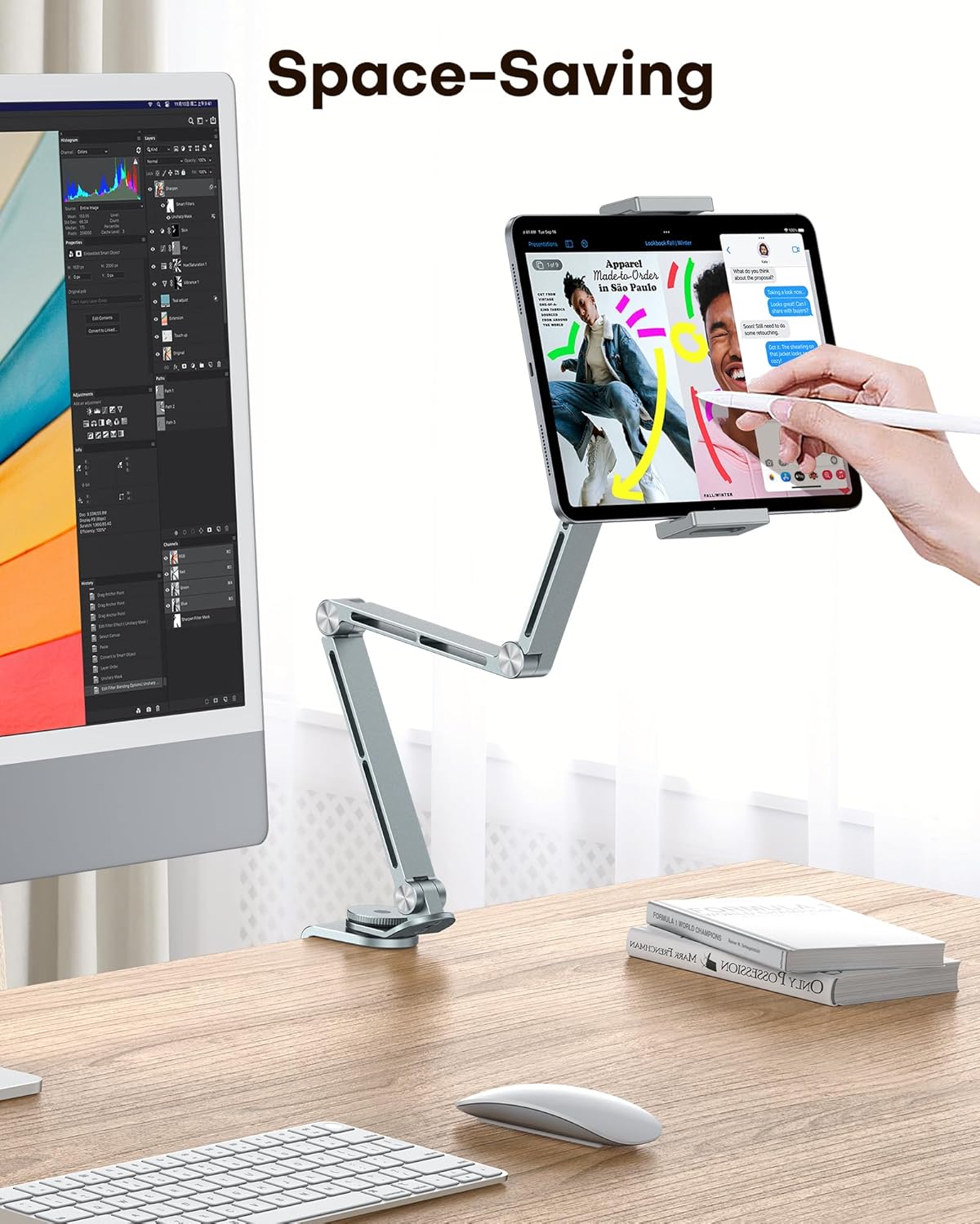 OMOTON Tablet Stand for iPad with 360° Rotation, GH03 Aluminum Alloy Long Arm Phone Mount with 2 Plastic Clamps (Phone & Tablet), Adjustable Holder for 4-13" iPad Pro/iPhone, Grey