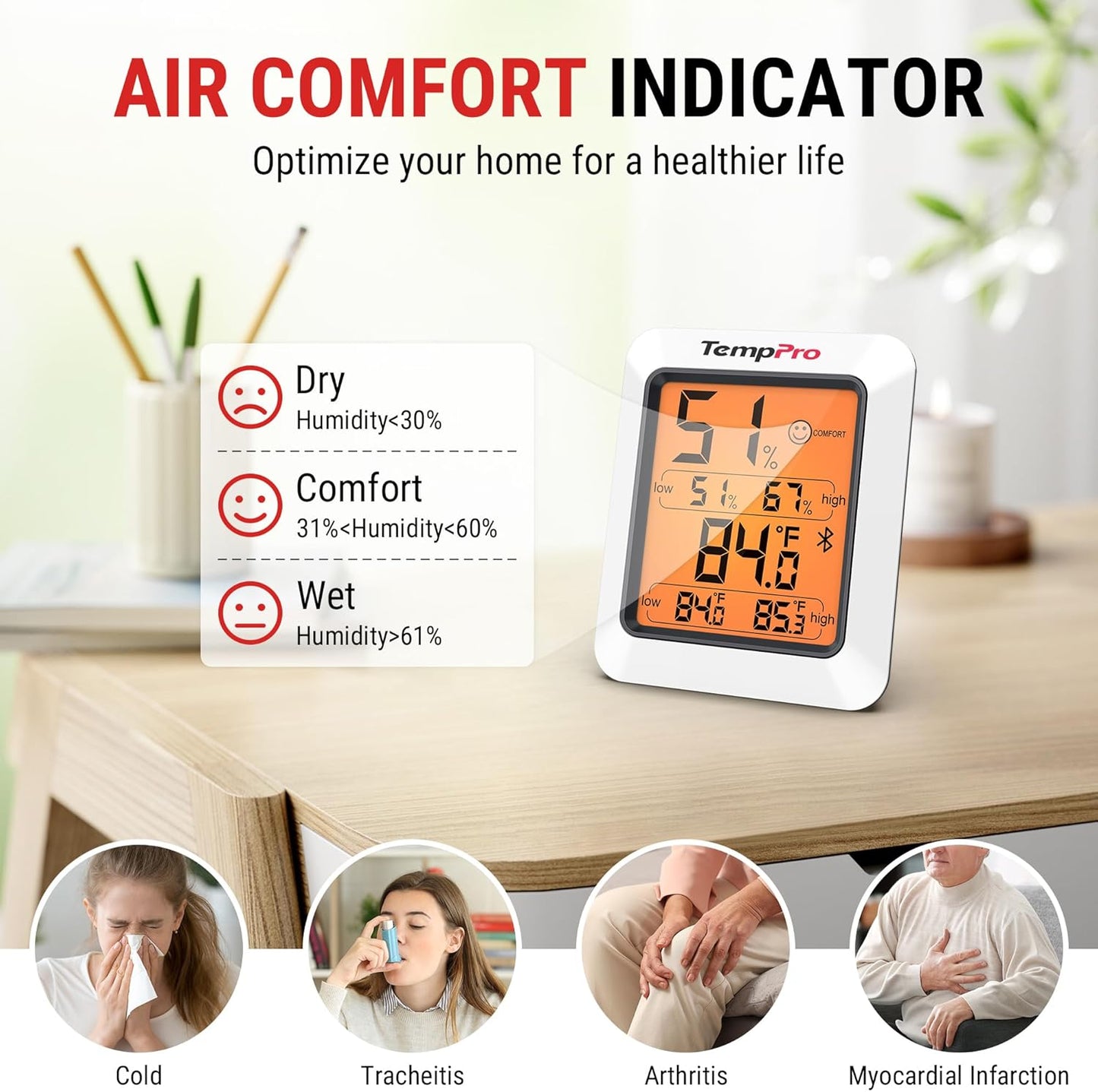 TempPro Hygrometer Thermometer for House, Bluetooth Room Indoor Greenhouse Thermometer Monitor Up to 260FT, Backlit Humidity Meter Temperature Sensor with 2-Year Data Export(Previously ThermoPro)