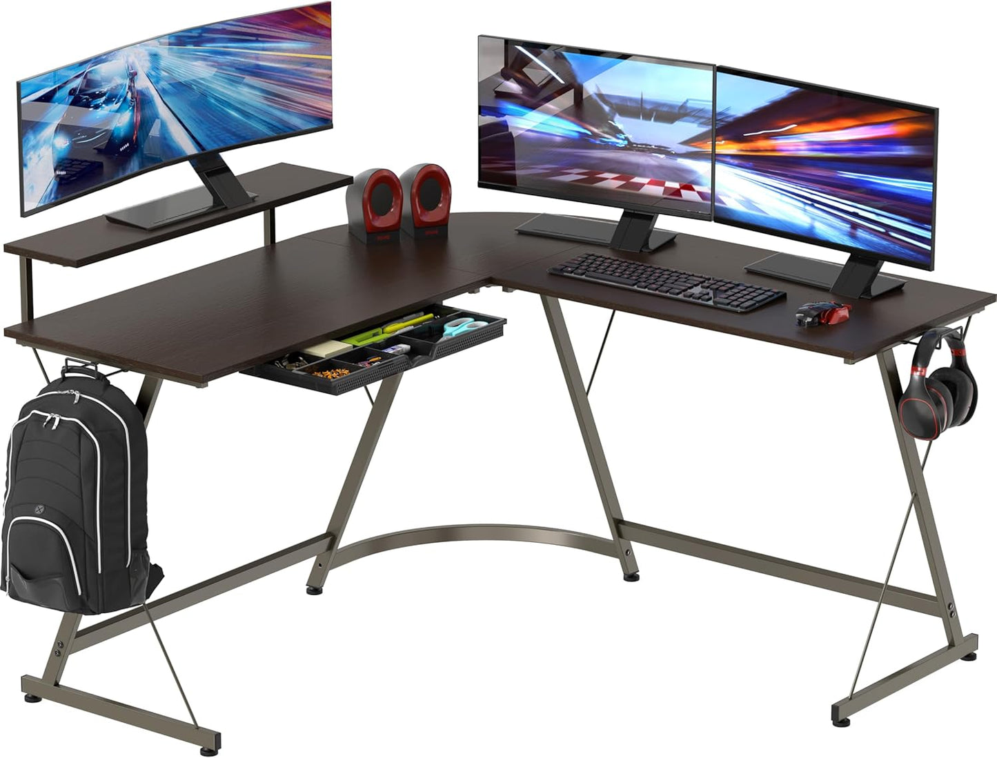 SHW 51 x 51 Inches Vista L-Shaped Desk with Monitor Stand and Drawer, Espresso