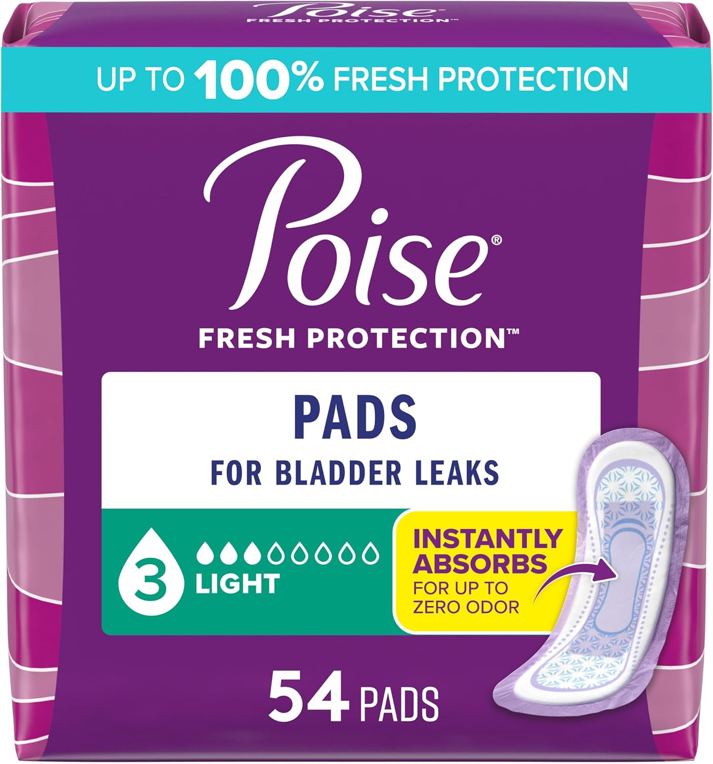 Poise Incontinence & Postpartum Pads for Bladder Leaks, 3 Drop Light Absorbency, Regular Length, 54 Count, Packaging May Vary