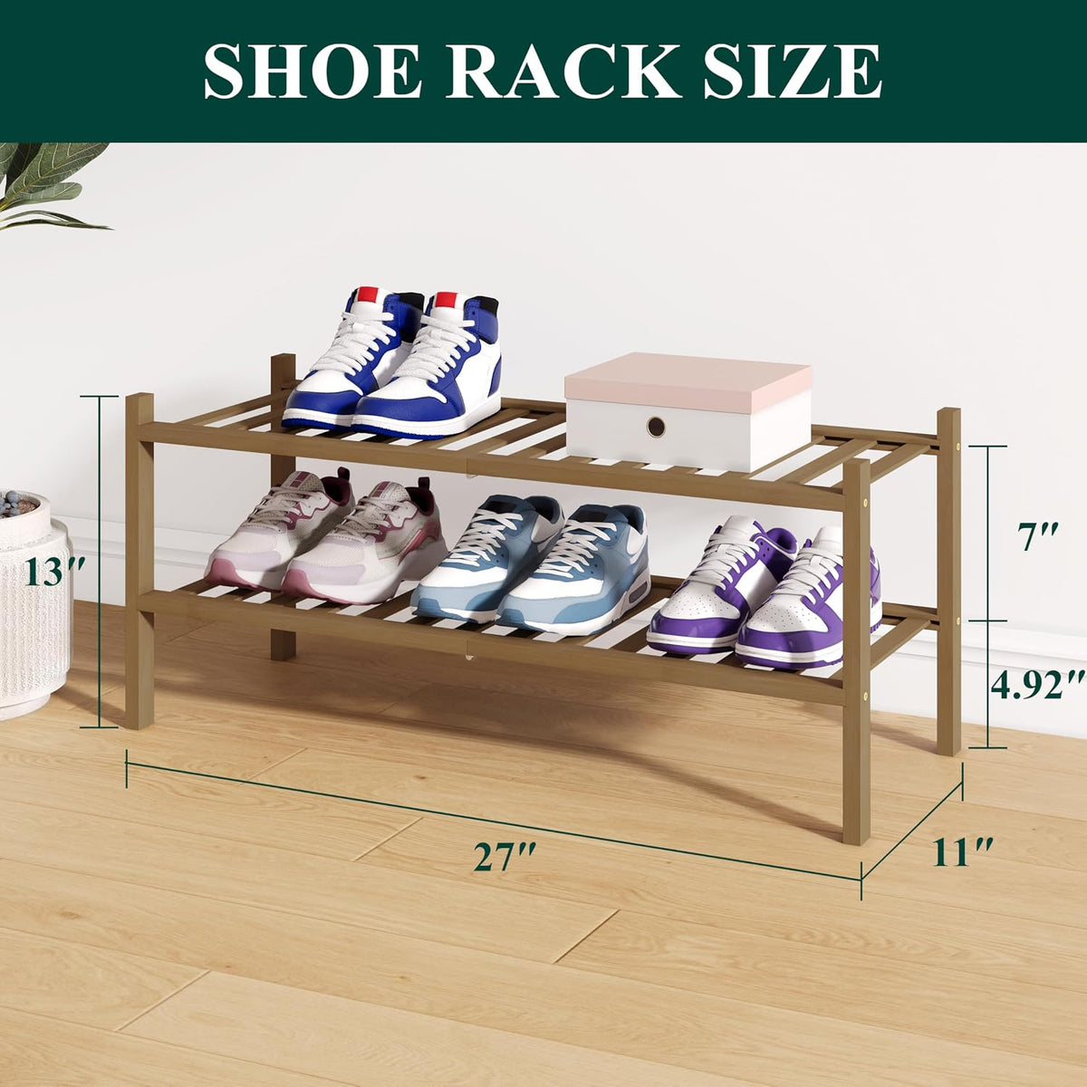 Smiry Bamboo Shoe Rack for Closet, 2 Tier - 26.77" Wide, Walnut