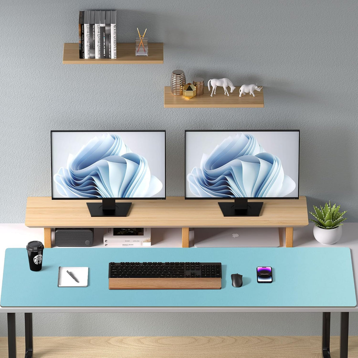 Aothia Large PU Leather Desk Pad Protector – Non-Slip Mouse Pad & Writing Mat for Office/Home, Waterproof, Easy to Clean (48" x 17", Blue Topaz)
