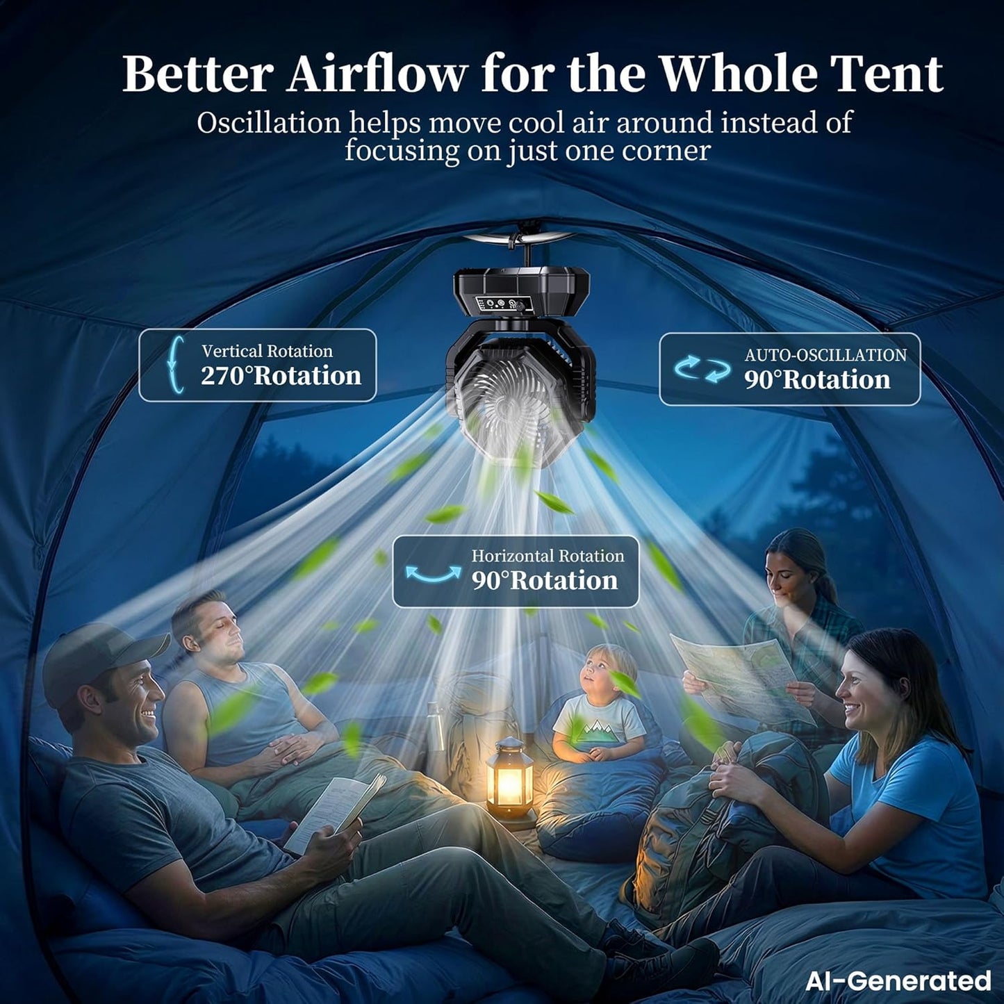 AJVV Camping Fan, Oscillating Battery Powered Portable Rechargeable Hanging Tent Fan with Light and Remote for Camp, Outdoor, Emergency Power Outage, Fishing, RV Travel, Black