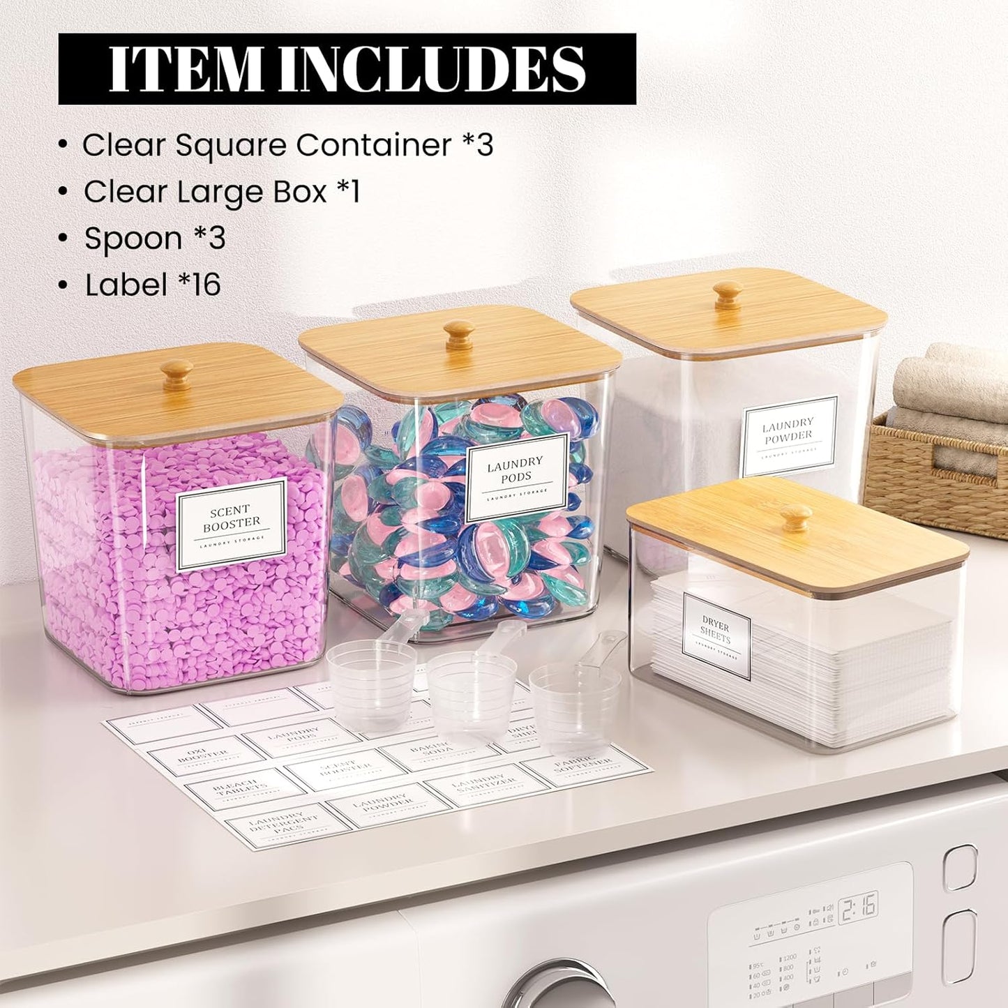 HomePekite Laundry Pods Storage Container, Clear Laundry Room Organization and Storage ,Detergent Powder Container,with Wooden Lids & Labels, 3+1 Pack