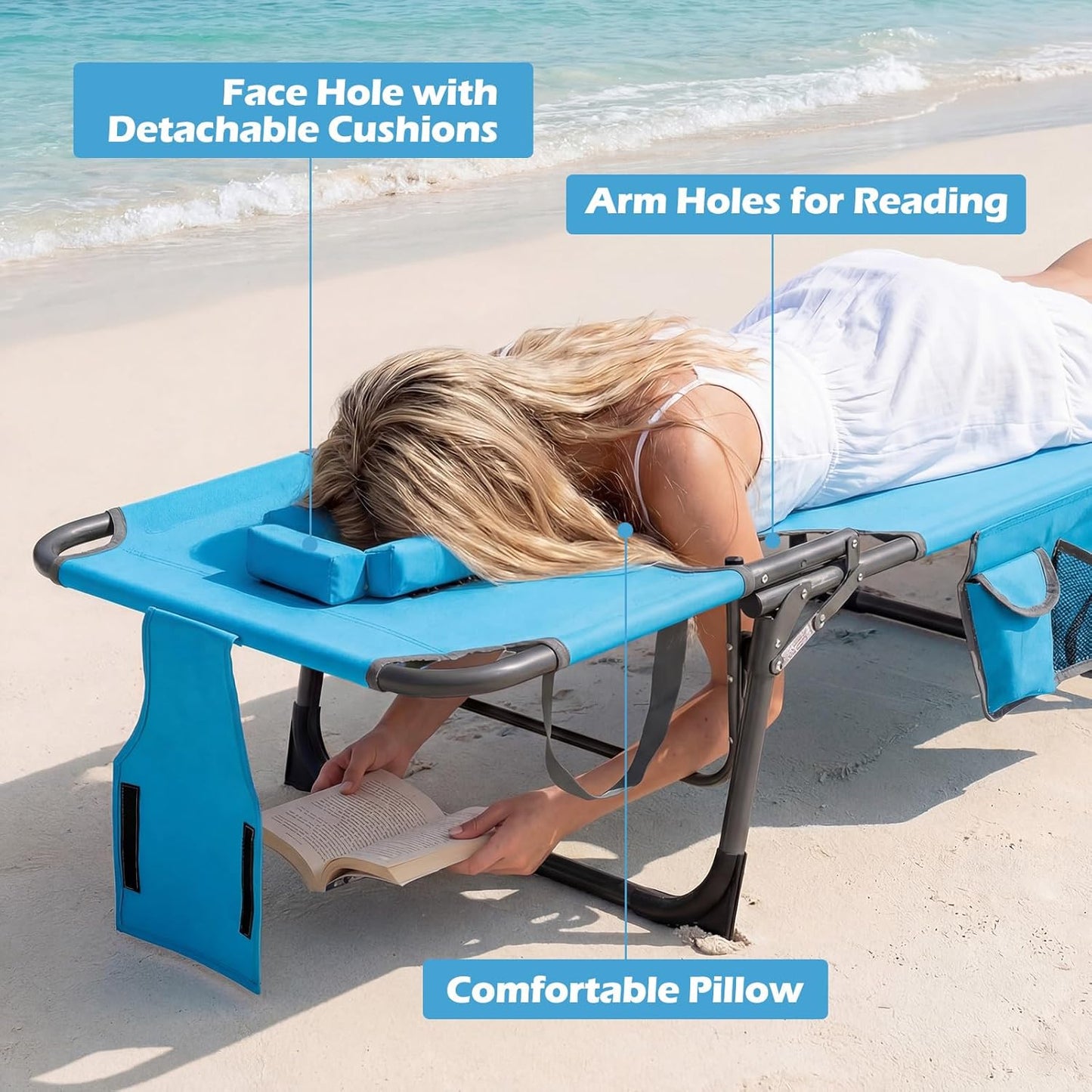 COSTWAY Tanning Chair with Face Hole, Folding Beach Lounge Chair with 4-Position Adjustable Backrest, Pillow & Side Pocket, Foldable Chaise Lounge Chair Outdoor for Sunbathing, Camping (1, Blue)
