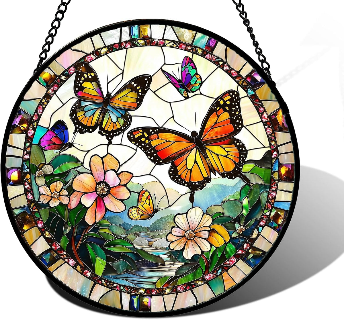 Butterflies and Flowers Stained Glass Window Hanging Suncatcher Gifts 12"