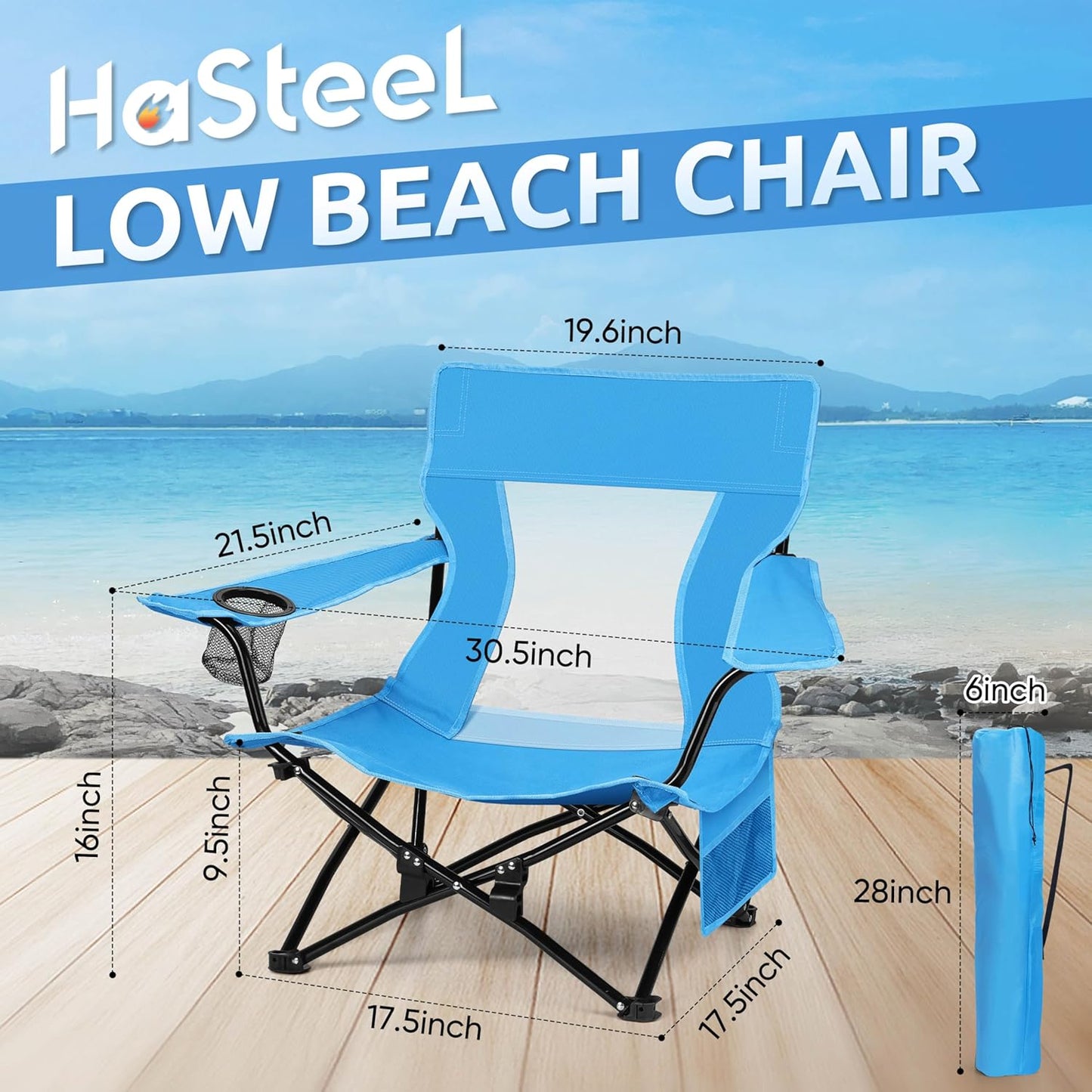HaSteeL Folding Beach Chair, Foldable Blue Camping Chairs for Outside, Low Beach Chair Portable for Adults Fishing, Picnic, Outdoor BBQ, Travel, Sports, Cup Holder & Storage Bag