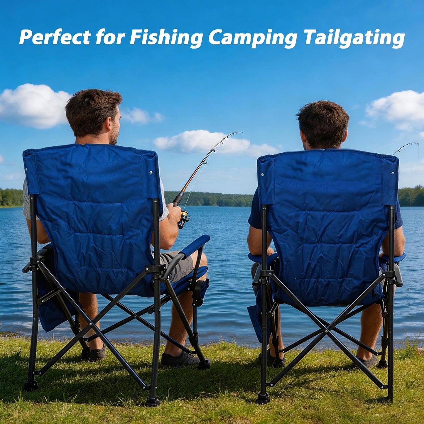 Romswi Oversized Camping Chairs 2 Pack, 500 LBS Heavy Duty Folding Lawn Chairs with Hard Armrests, Wide Seat Outdoor Chairs with Cup Holder & Side Pocket for Camping Beach Sports Backyard