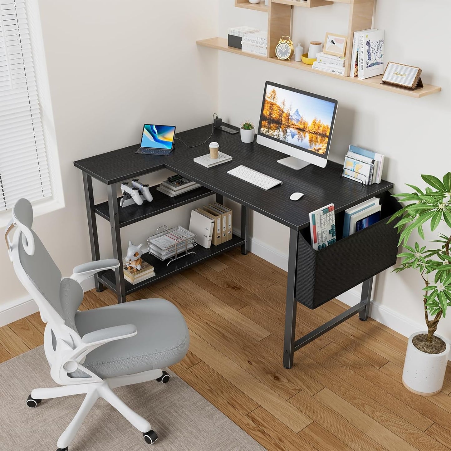 Lufeiya Small L Shaped Desk with Power Outlet Shelves, 40 Inch Corner Computer Desk for Small Space Home Office, L-Shaped Gaming Desk PC Desks with Charging Station, Black