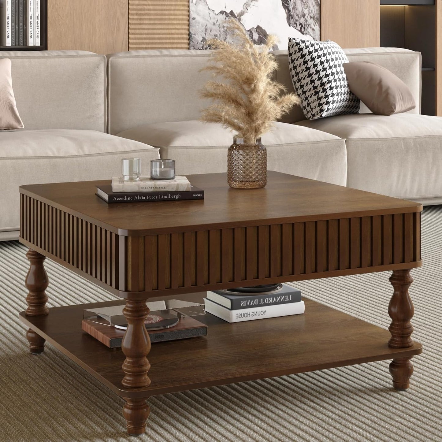 31.5 Inch Square Lift Top Coffee Table with Hidden Storage, 2 Tier Wooden Square Fluted Coffee Table with Open Shelf & Sculpted Legs, Retro Center Table for Living Room, Apartment, Home Office, Walnut