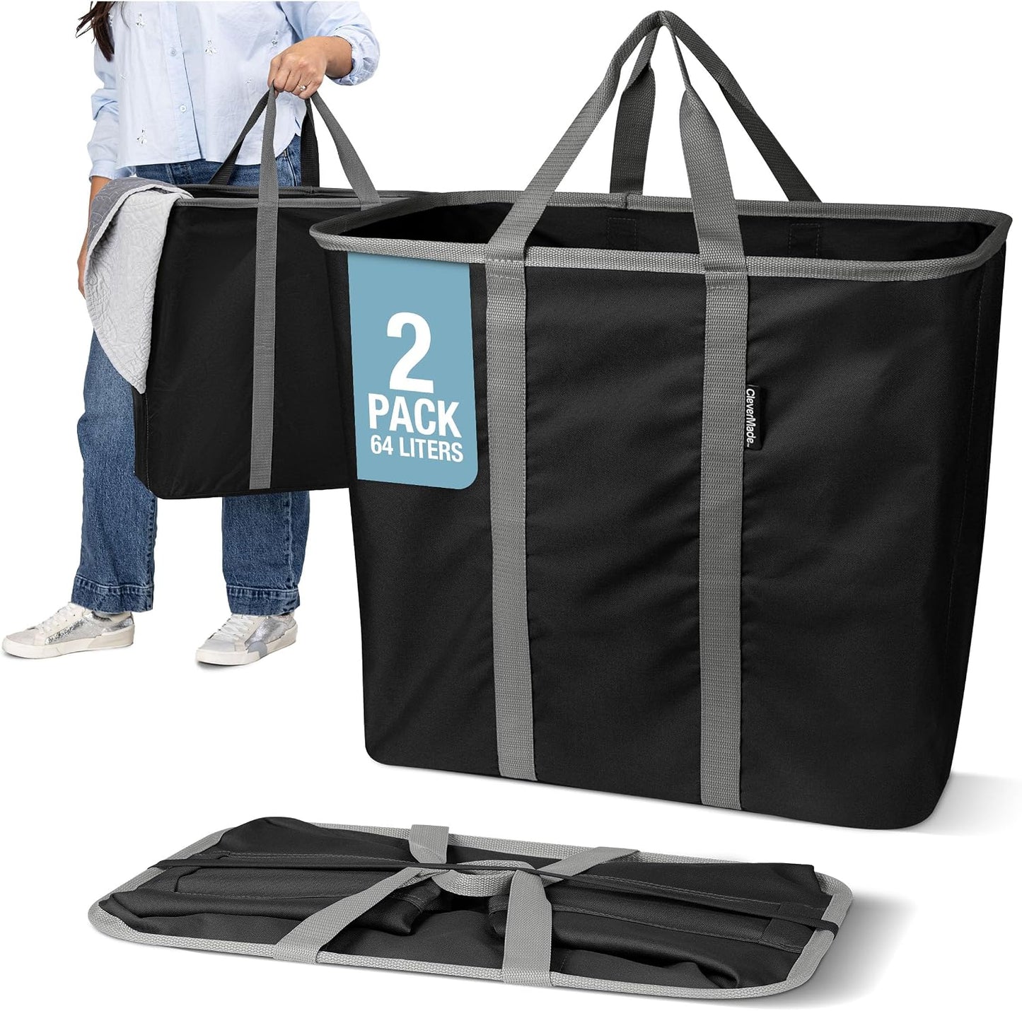 CleverMade Collapsible Fabric Laundry Hamper Premium, Mocha, 2 Pack | Upgrade Visible Laundry Storage | Refined Fabric and Vegan Leather Suit Open Rooms, While Structured Frame Carries 2 Loads