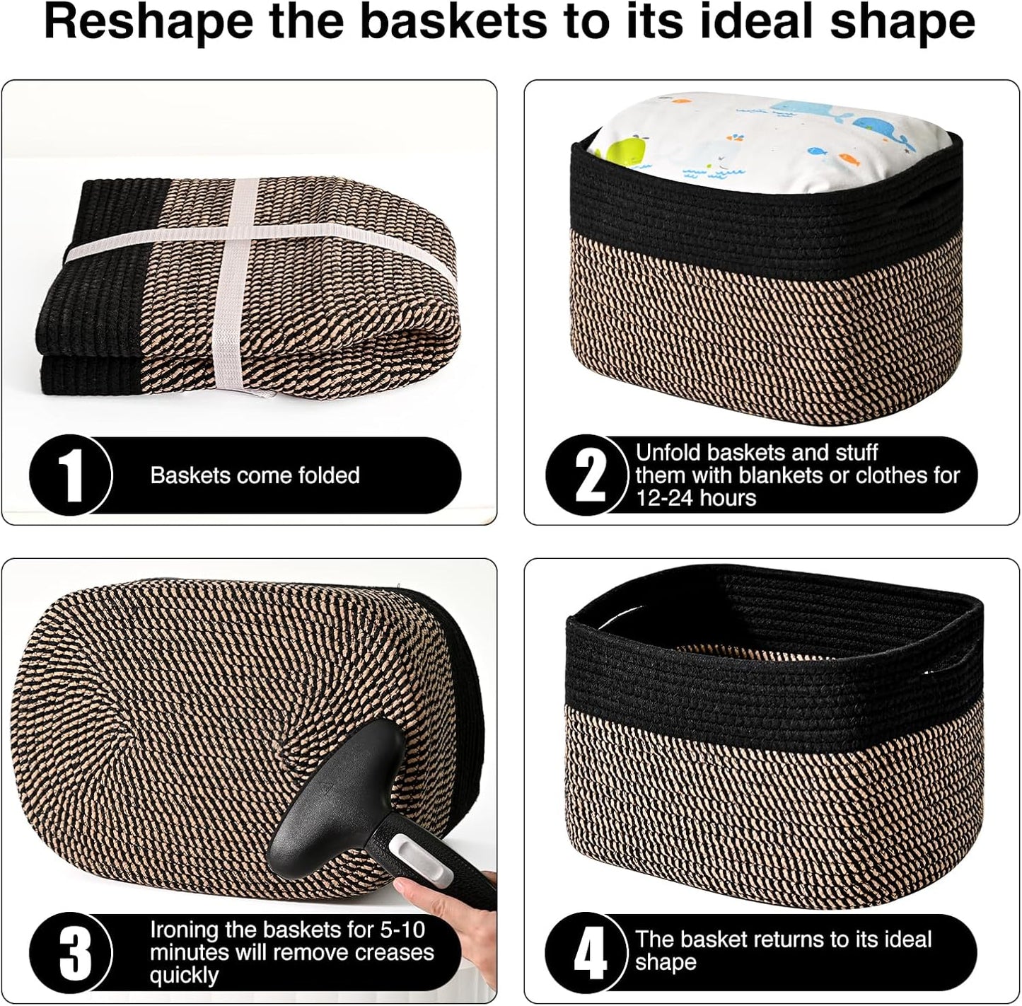 ICERZCZ Storage Baskets for Organizing Shelves, Toy Basket for Kid's Room, Woven Cotton Rope Basket for Decor, Organizing Baskets for Bedroom Living Room, 15"x11"x9.5", 3 Packs, Black & Jute