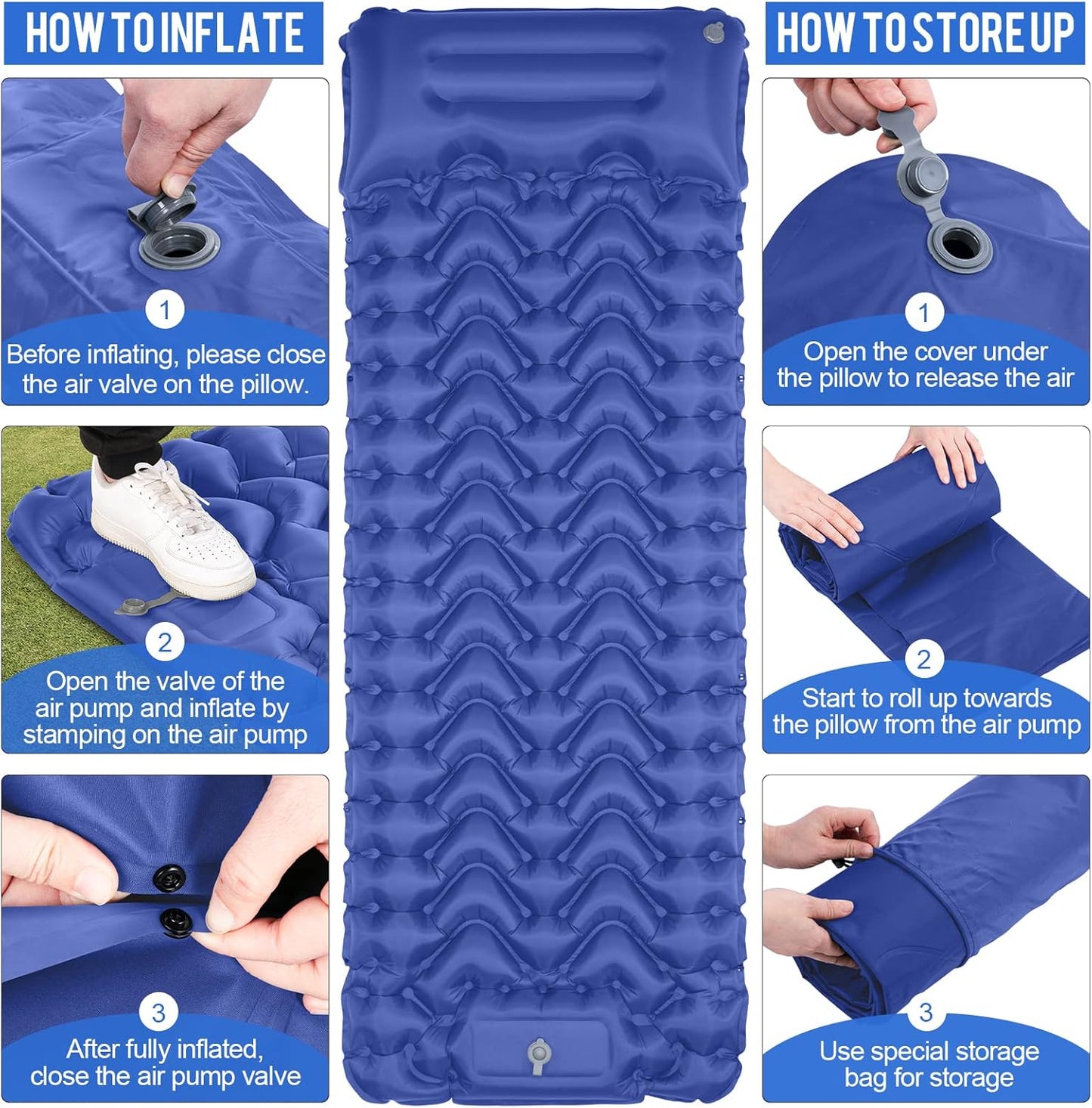 MOXILS Sleeping Pad, Ultralight Inflatable Sleeping Pad for Camping, Built-in Pump, Ultimate for Camping, Hiking, Airpad, Carry Bag, Repair Kit, Compact & Lightweight Air Mattress(Blue)
