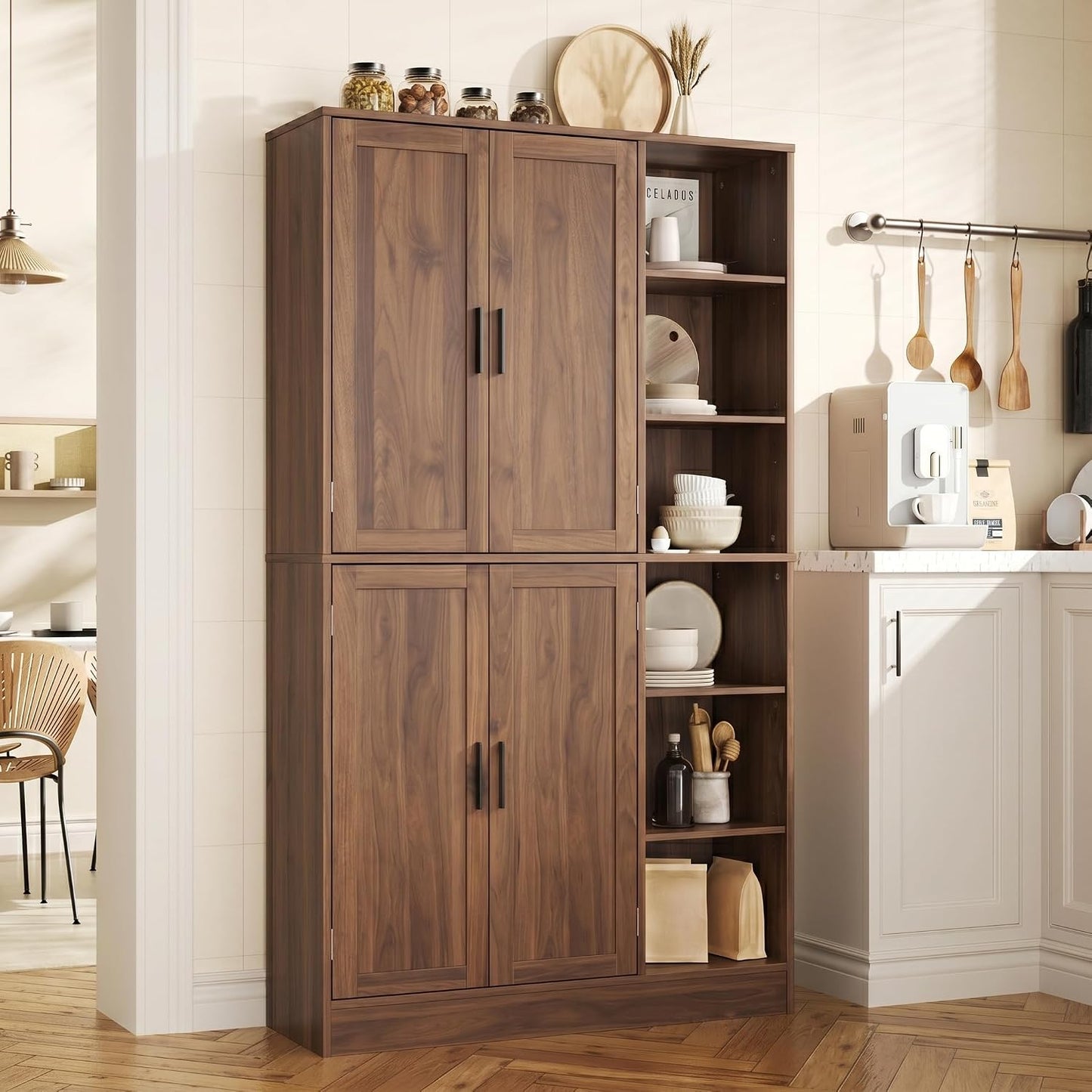 holzart 63" Tall Kitchen Pantry Cabinet, Freestanding Dining Room Storage Hutch with 4 Doors and Adjustable Shelves, Modern Utility Cupboard for Coffee Bar and Microwave, Brown