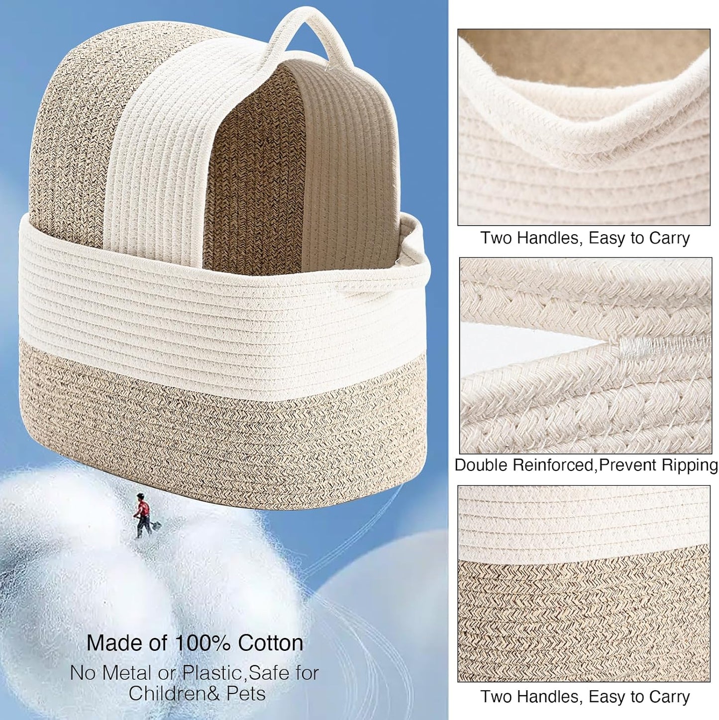 DUHEL Cotton Rope Woven Storage Basket (White&Brown-3PCS) | Used for Baby Hamper Toy Organizer, Gift Baskets Empty,Kids,Baby,nursery. Size 15x10x8.7 Inches.