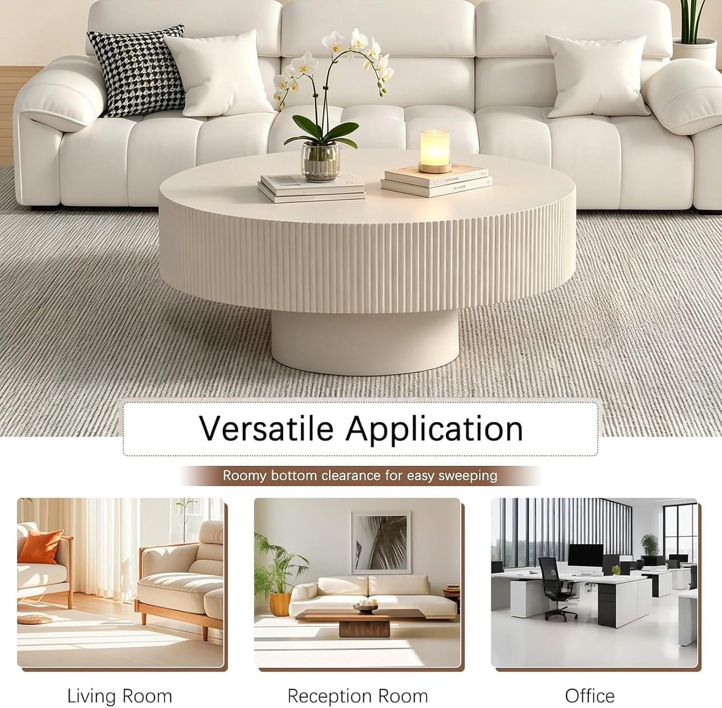 30.91" Round Drum Coffee Table,White Thickened | Modern Handcraft Fluted Accent Table, Sturdy Pedestal Circle, Luxury Center Table, For Living Room Home Office
