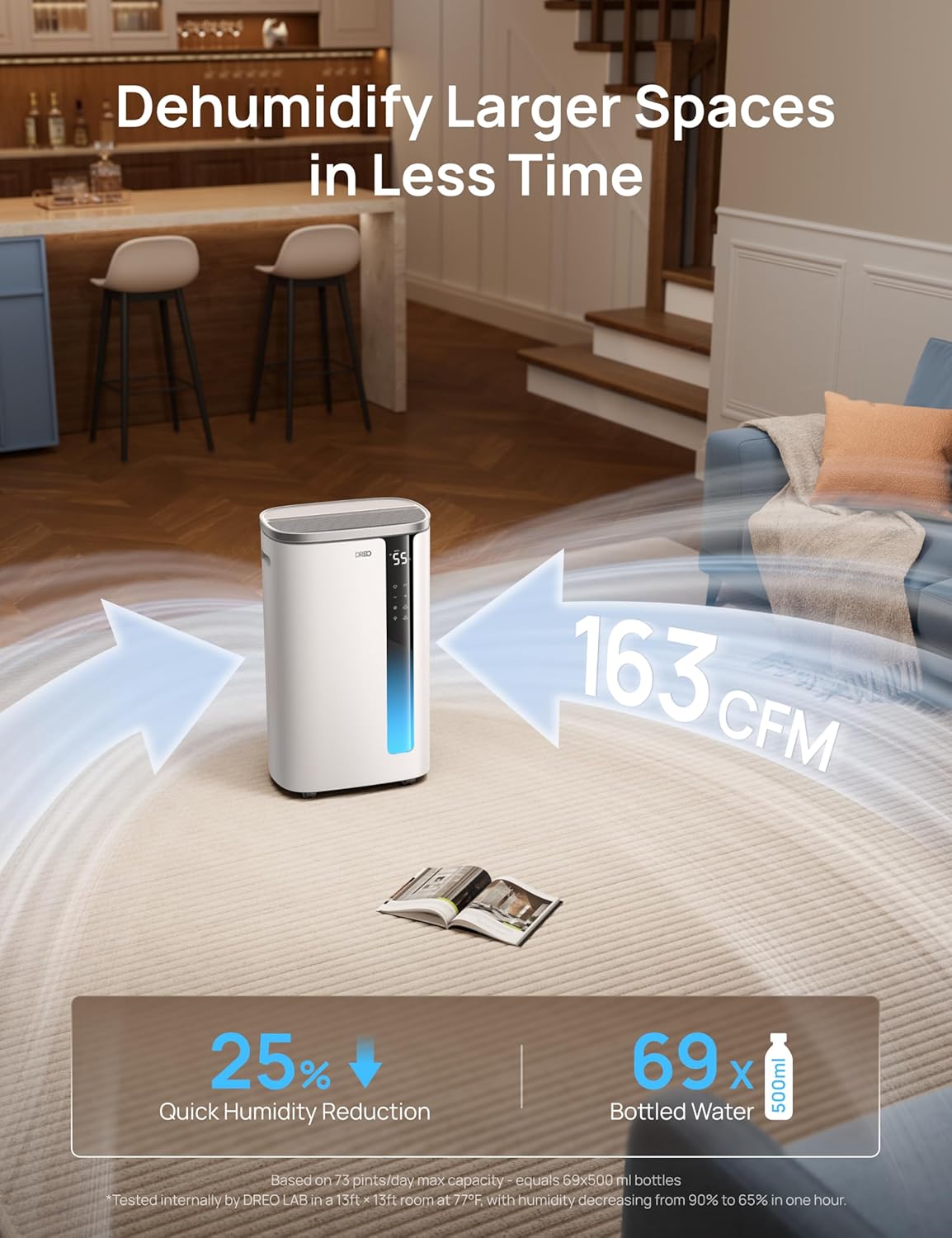 DREO 73 Pint Smart Dehumidifier for Basement, Home & Large Room up to 2000 Sq Ft, Energy Star 6.0 Dehumidifier with Drain Hose, Quiet 42dB, Auto Humidity Control, 3 Fan Speeds, Timer, Continuous Drain