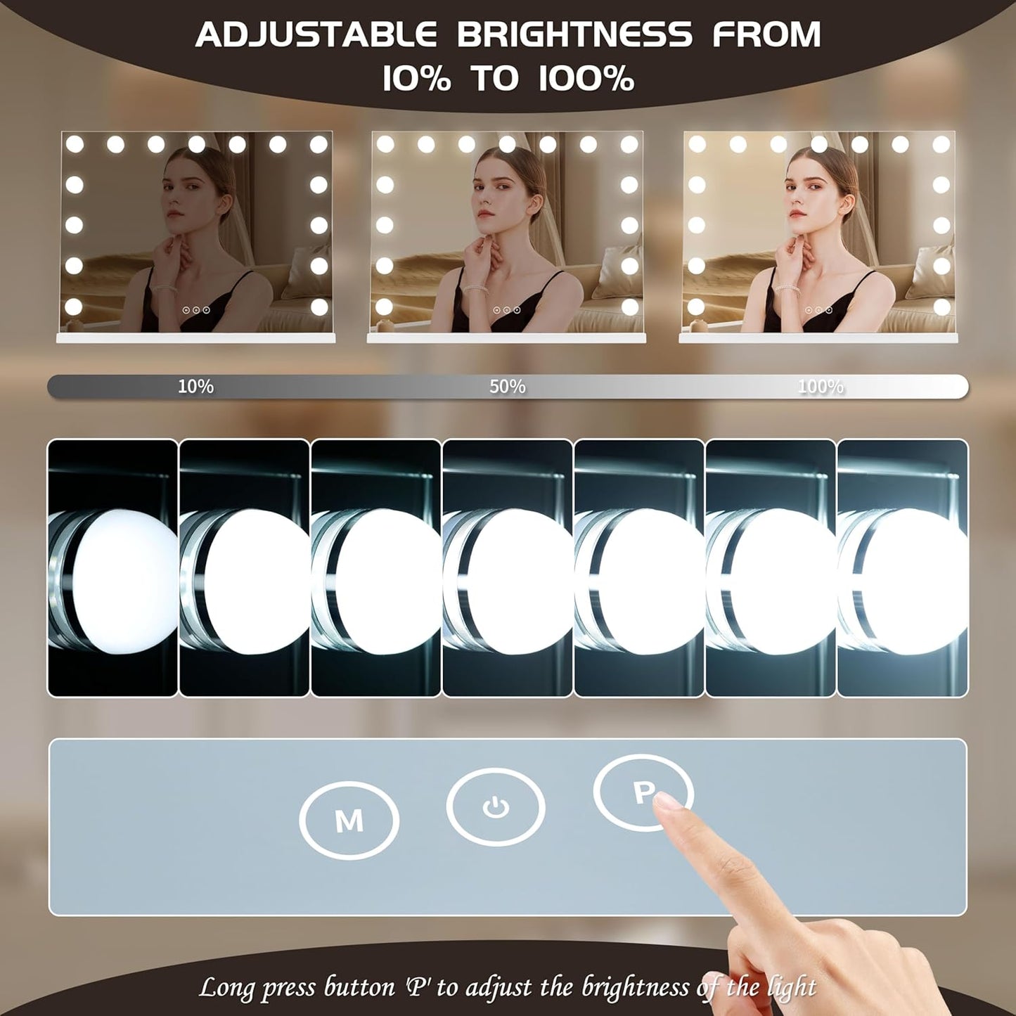 Vanity Mirror with Lights Lighted Makeup Mirror with 15 Dimmable LED Bulbs,3 Color Lighting Modes,USB Charging Port Touch Control,Sturdy Metal Frame Design 24x18 Inch,White