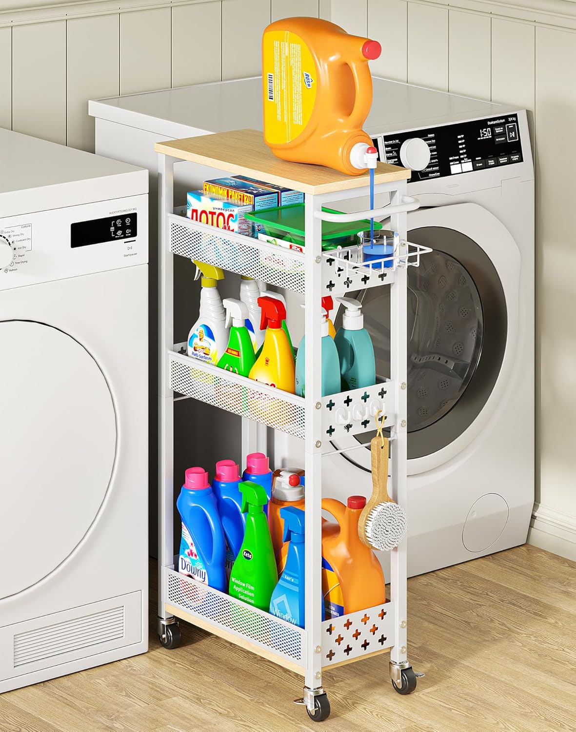 OKZEST Laundry Room Organization Cart with Detergent Dispenser - 4-Tier Slim Rolling Storage for Between Washer & Dryer, Fits Tall Bottles, Rustproof Metal Mesh Shelves, Chic Wood Top & Premium Wheels