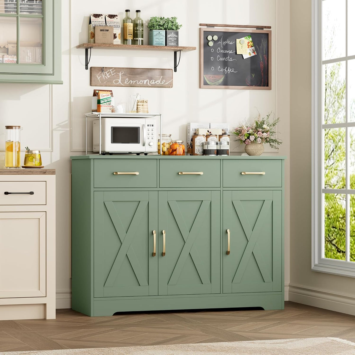 HOSTACK Kitchen Buffet Cabinet with Storage, Sideboard Coffee Bar, Green | Farmhouse Kitchen Storage Cabinet with 3 Drawers & Adjustable Shelf, 42.5"W Buffet Table for Dining Living Room