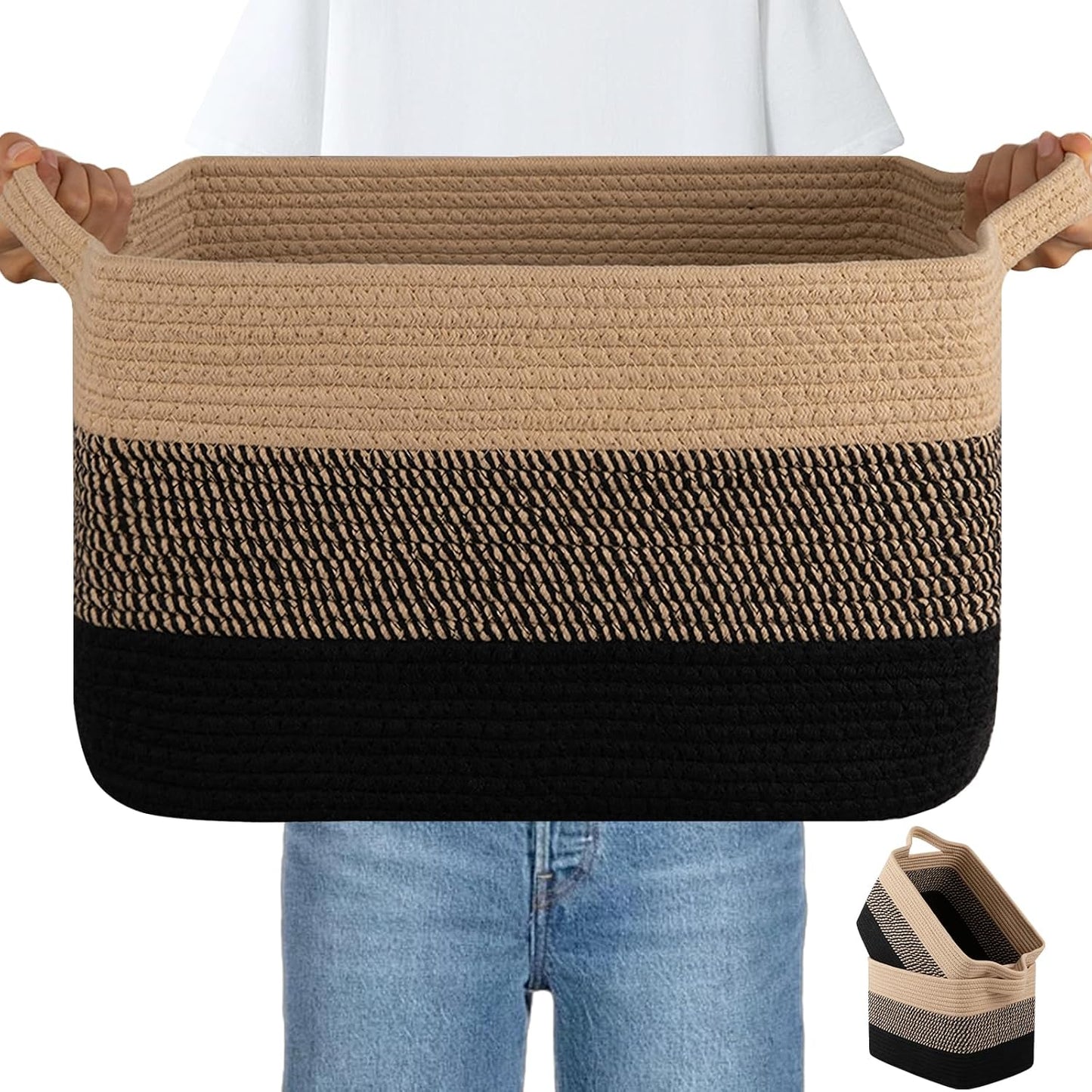 OIAHOMY Woven Storage Basket, Cotton Rope Baskets for Toys,Towel, Clothes, Used to Bathroom,Living Room,Nursery,Bedroom, 16"x12"x10"- Pack of 3, Black & Brown