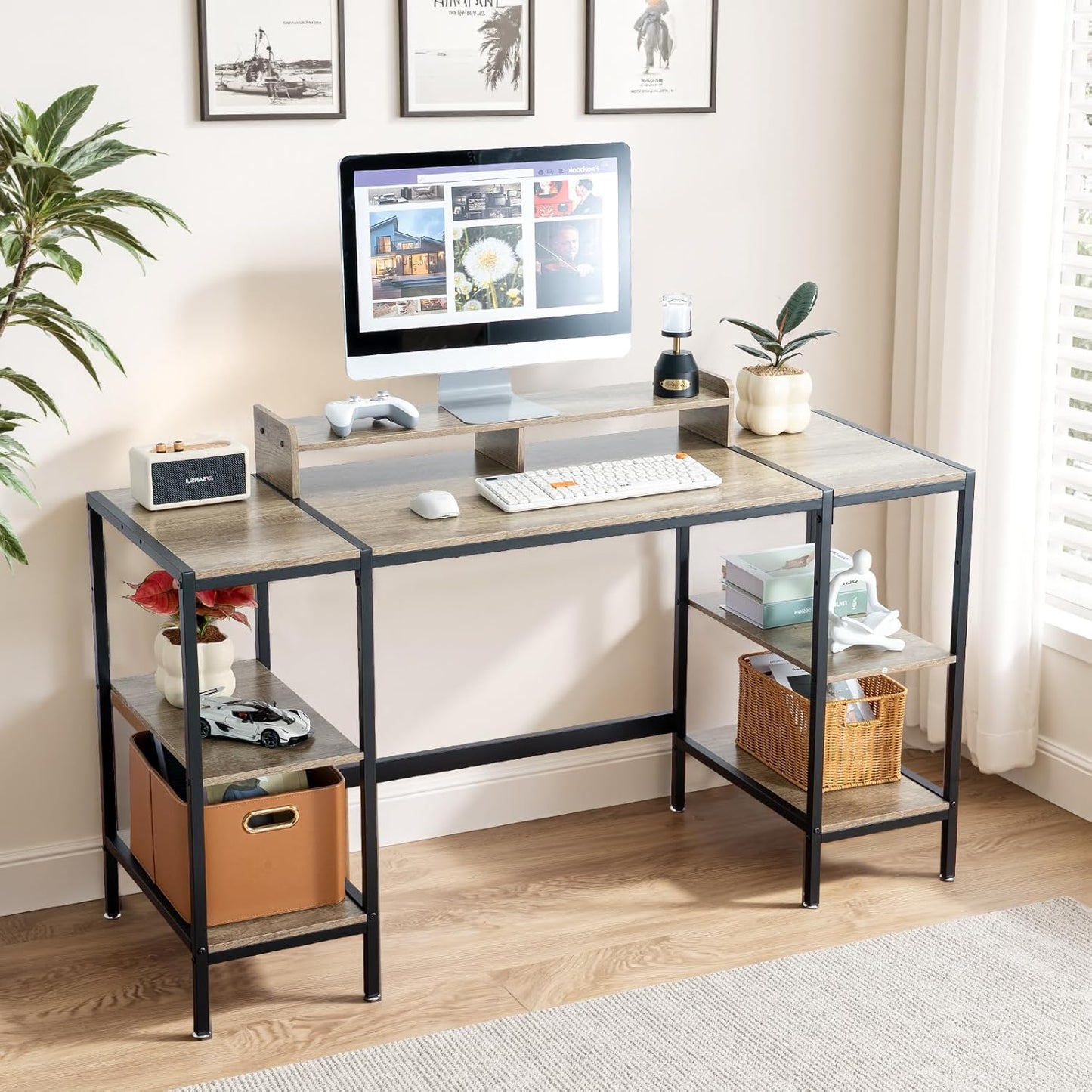 MINOSYS Gaming/Computer Desk - 47” Home Office Small Desk with Monitor Stand, Rustic Writing Desk for 2 Monitors, Adjustable Storage Space, Modern Design Corner Table.