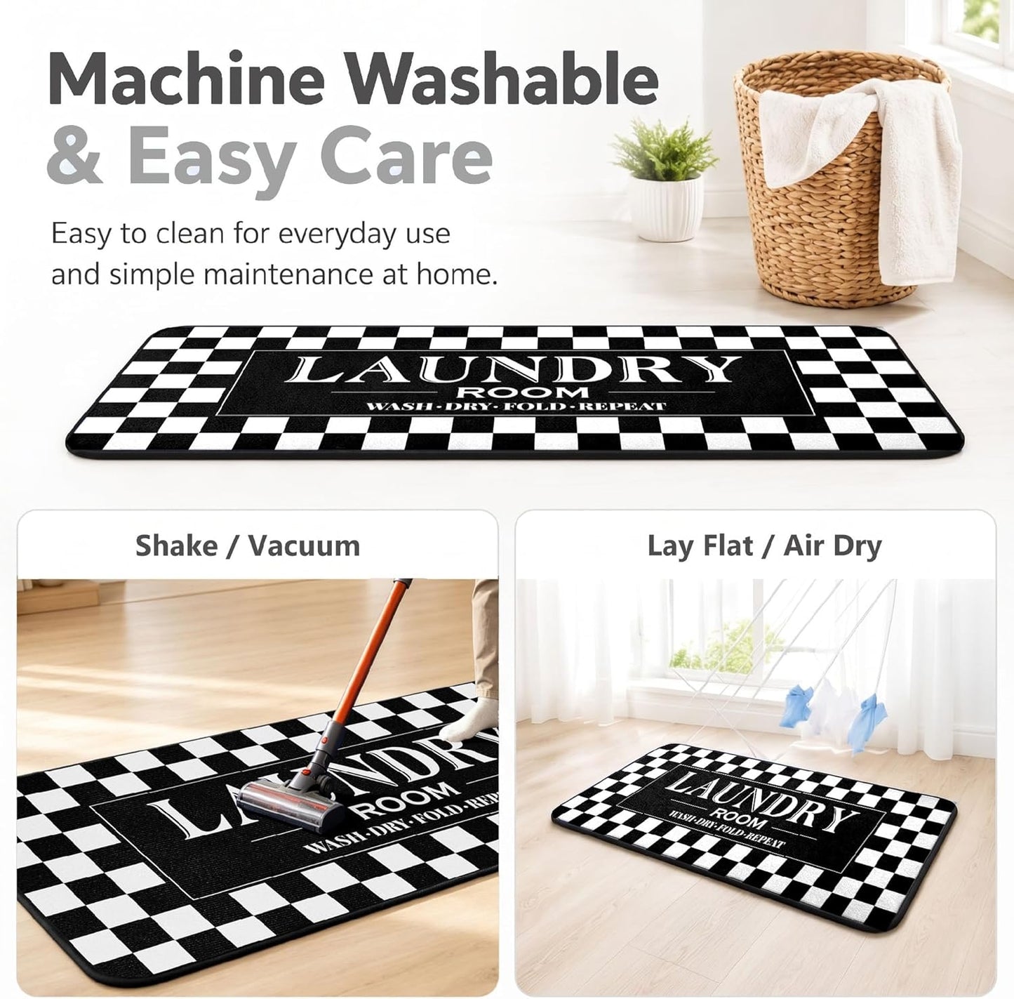 ROMAMIGO Laundry Room Rug Runner Non Slip Laundry Mats Mudroom Laundromat Runner Farmhouse Kitchen Floor Mat Bathroom Laundry Room Decor Accessories(20 X 47 inch, Black Checkerboard)