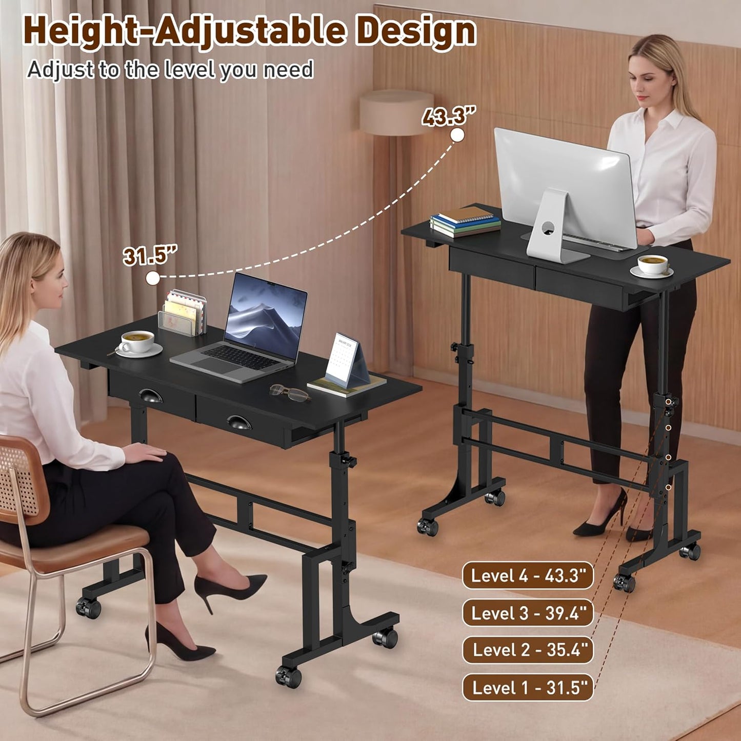 Jsskeeim Adjustable Standing Desk with Drawers, Rolling Sit Stand Desk with Wheels for Walking Pad, Small Mobile Computer Desk for Home Office, Portable Height Adjustable Desk 31.5"-43.3", Black