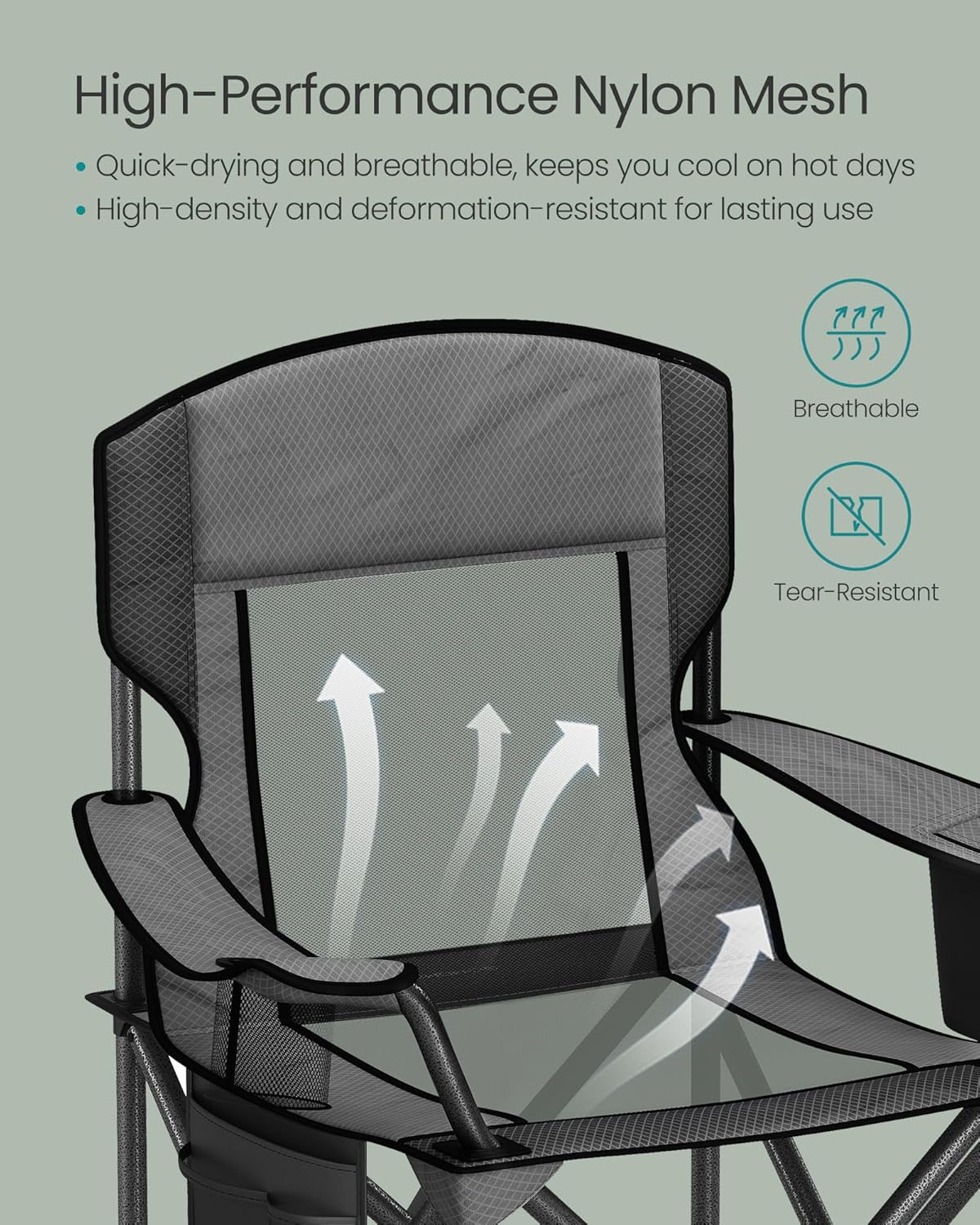SONGMICS Camping Chair, Folding Oversized Chair, Comfortable and Heavy-Duty, 352 lb Weight Capacity, Adjustable Armrests with Cooler Bag, Storage Bag, Breathable Mesh, Slate Gray UGCB060G01