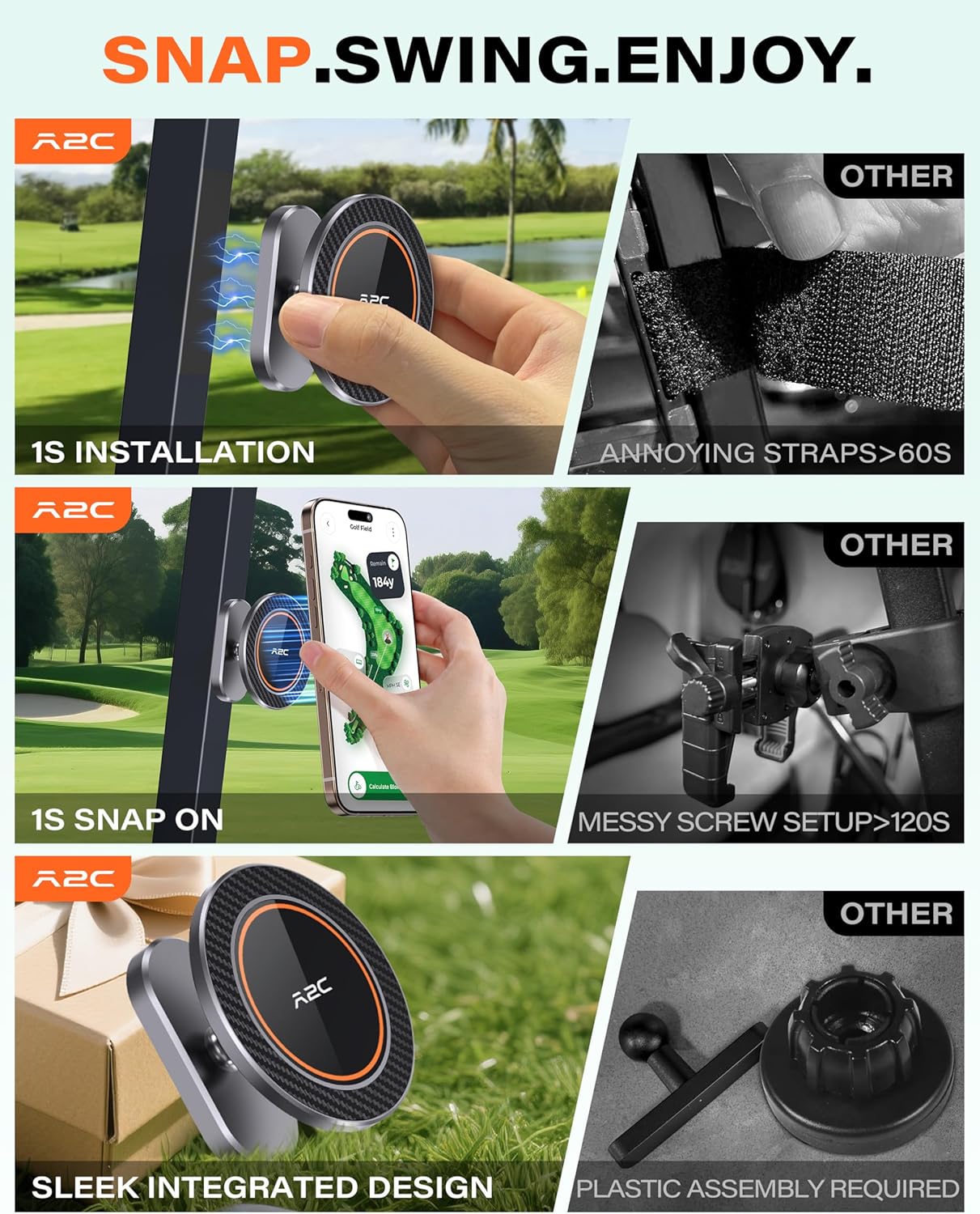 A2C Alloy Magnetic Golf Cart Phone Holder for MagSafe iPhone, Unique Fathers Day Golf Gifts for Men Dad Him Husband Ladies Her Golfers, Golf Accessories Essentials Gadgets Fits EZGO, Club Car, Yamaha