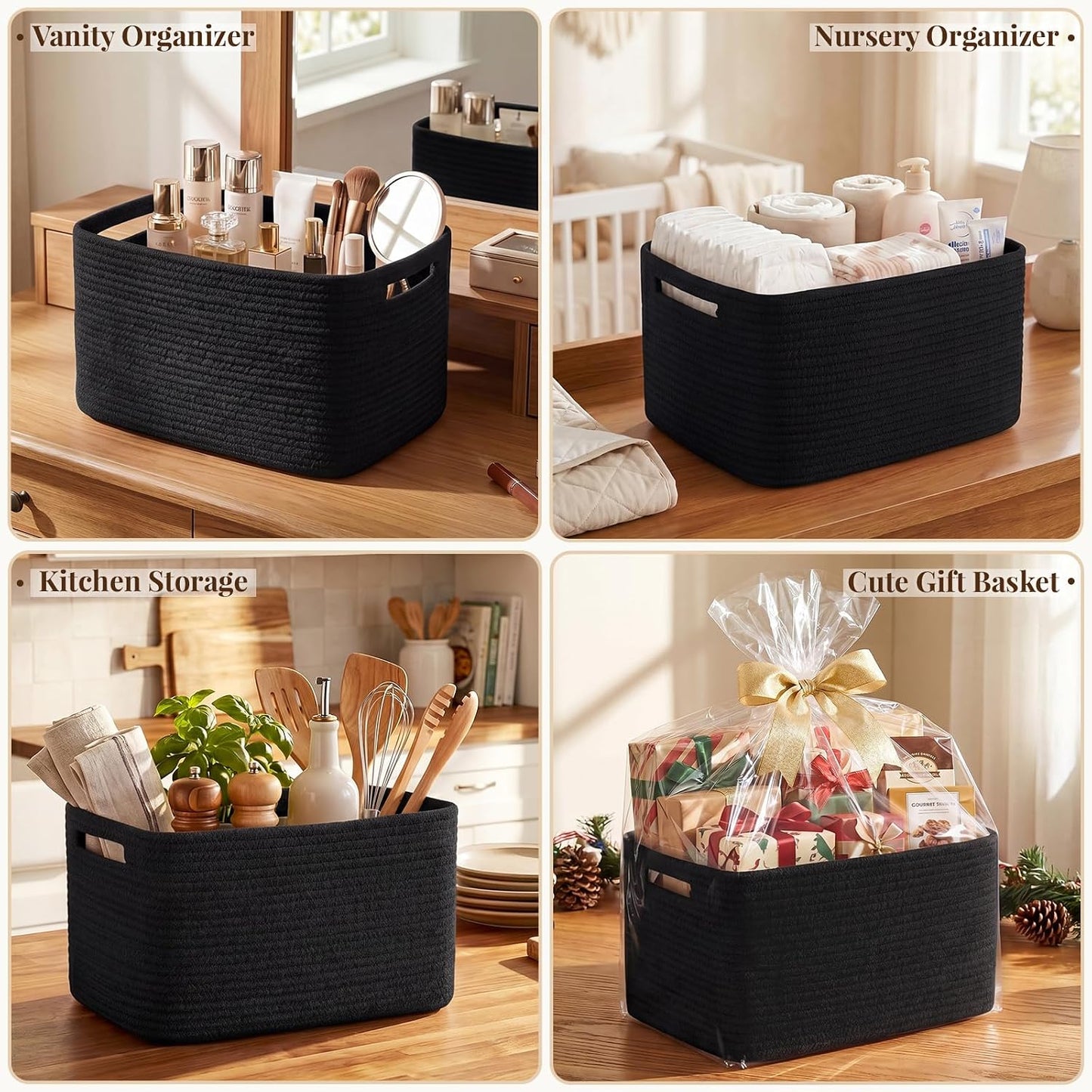 OIASKET 4Packs Natural Cotton Rope Storage Baskets for Organizing Toys, Clothes, Towels & Books, Soft Versatile Organizers for Shelves, Home Decorative Bins, 13''Lx9''Wx7.8''H, Black