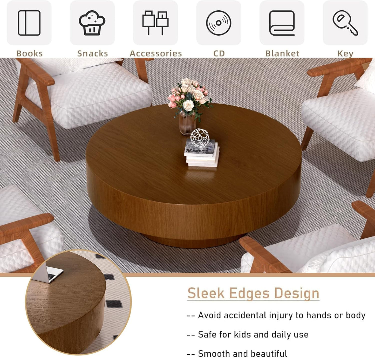 Modern Drum Round Coffee Table Wood for Living Room (D39.37IN) | Mid Century Aesthetic Low Coffee Tables with Wood Pattern Decal and Sturdy Pedestal, for Apartment Small Space