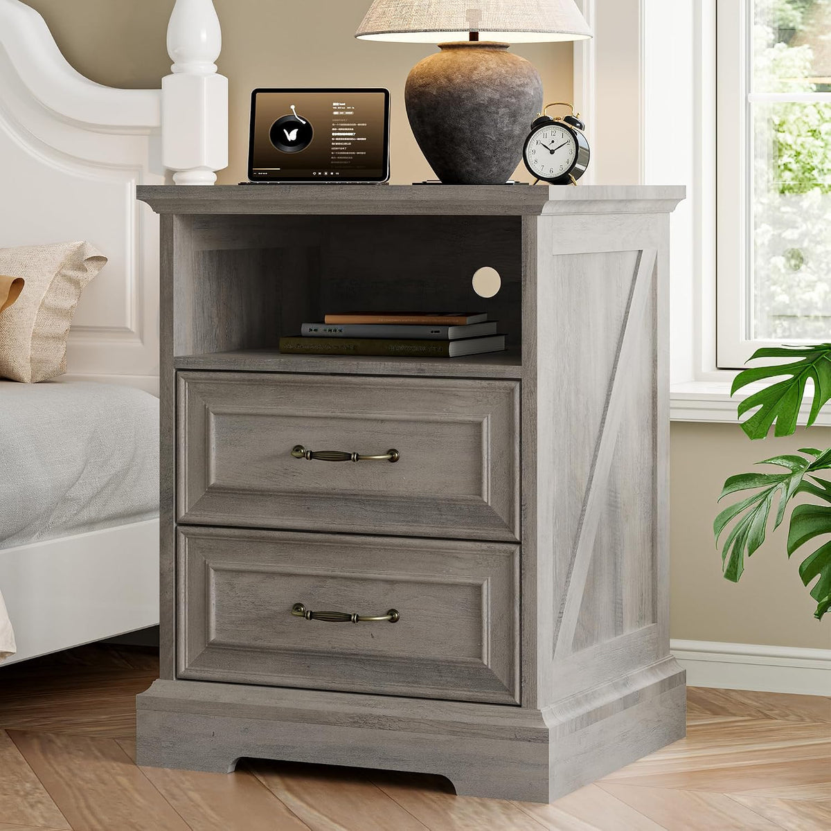 Xixini Nightstand with Charging Station, Farmhouse Light Grey Bedside Table