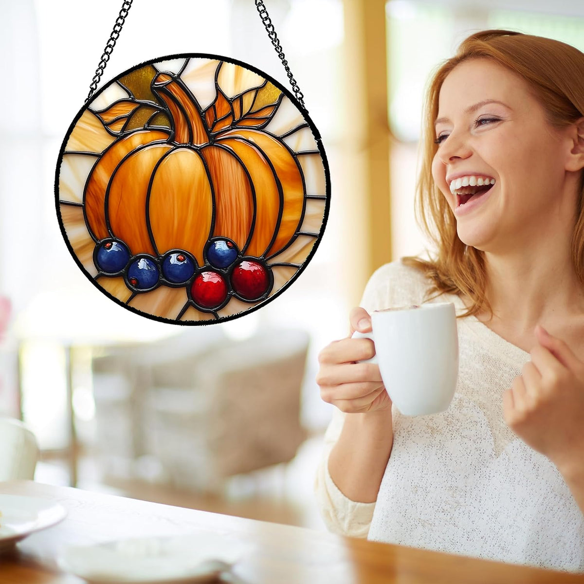 DASTOLL Stained Glass Window Hanging Fall Pumpkin Berries Large 15" - Suncatcher Door Garden Kitchen Sunroom Sun Catcher Autumn Home Decor Birthday for Mom Grandma Men Woman