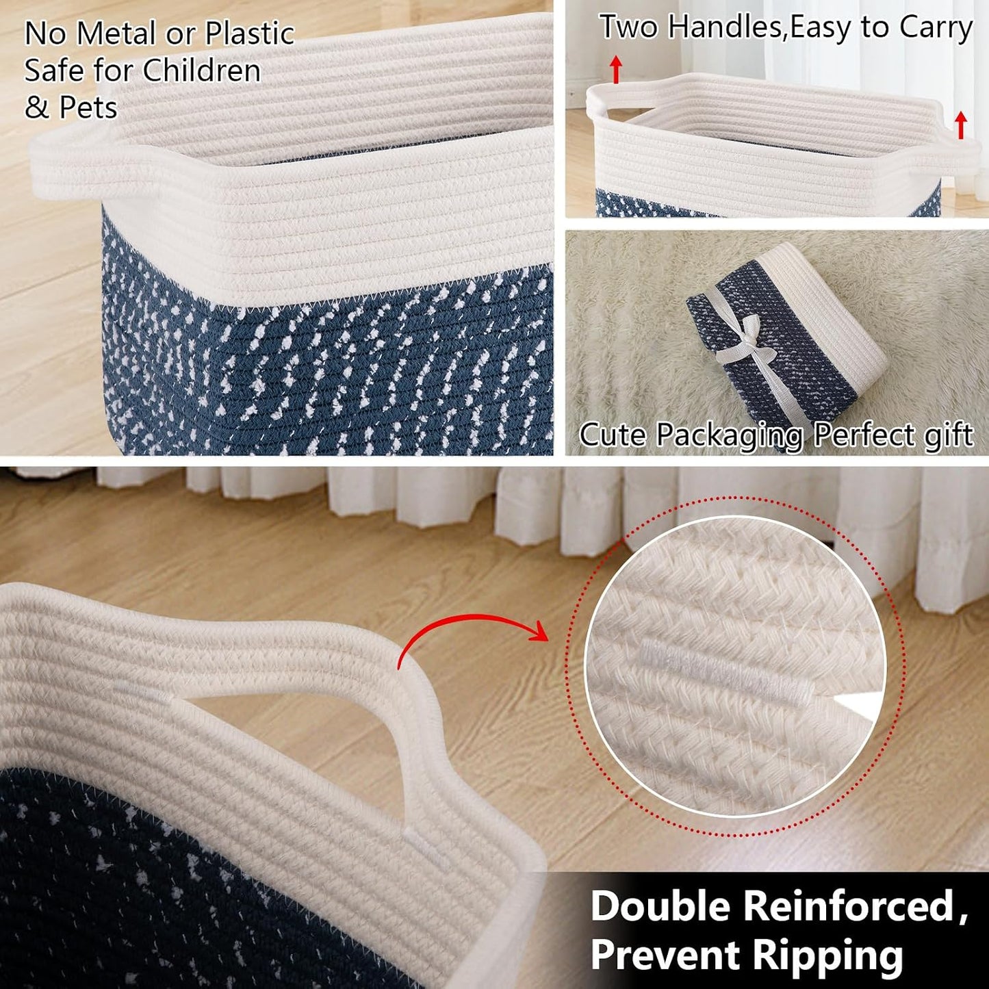 OIAHOMY Storage Basket, Woven Baskets for Storage, Cotton Rope Basket for toys,Towel Baskets for Bathroom - Pack of 3,White Blue