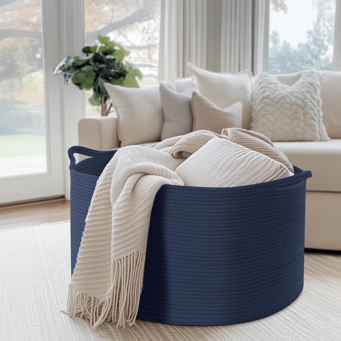 Maliton Woven Rope Blanket Basket Living Room, Storage Basket for Toy, 90L | 22"x14" cotton rope basket. Holds blankets, toys & towels & laundry. For bedroom, nursery, bath & playroom. Soft & durable.
