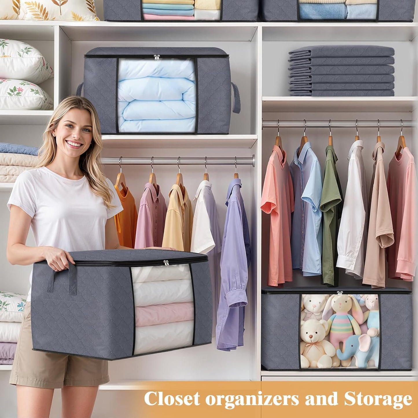 Fab totes 6 Pack Storage Bags for Clothes and Blanket, Foldable Closet Organizers and Storage with Zippers, Clear Window and Handles, Fabric Storage Bins for Sweater, Comforter, Bedding,Linen Sheets